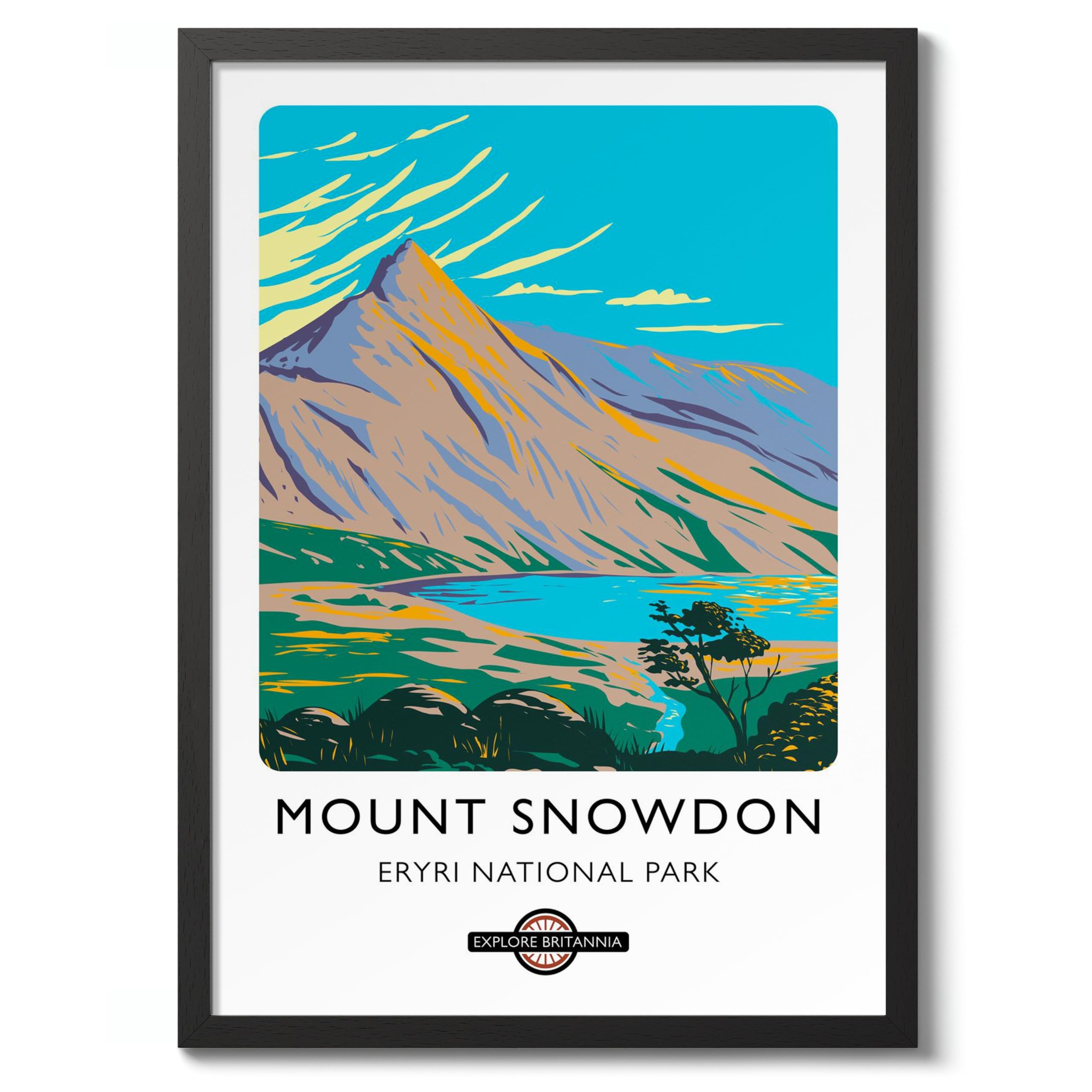 Mount Snowdon, Eryri (Snowdonia) National Park England Travel Poster, Explore Britain Modern Illustration Destination Print, Modern British UK Living Room Decor, A4 (Black Frame) - 32.7x24.1cm