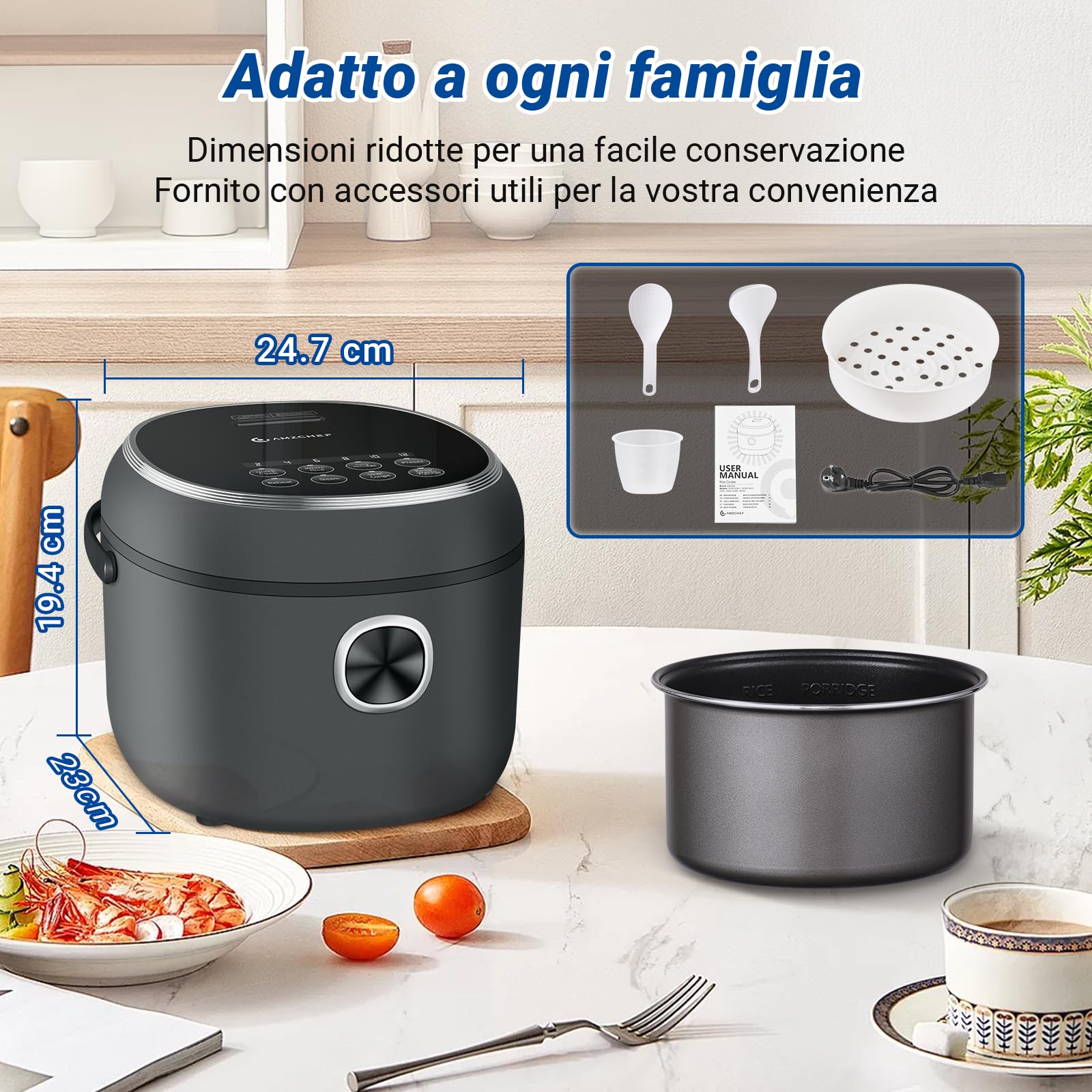 AMZCHEF Mini Cuociriso 2L, Multifunzionale per 1-4 Persone, 4 Tazze (Non Cotte) 400W Rice Cooker, 7 Funzioni di Cottura, con Cestello Vapore Incluso, Preimpostata e Mantenimento in Caldo
