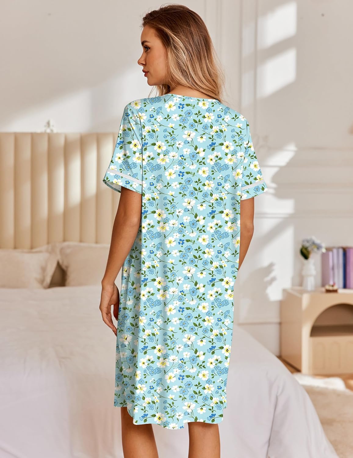 Ekouaer Nightgowns for Women House Dress with Pockets Snap Front House Coat Short Sleeve Duster Moo Moos Sleepwear S-3XL