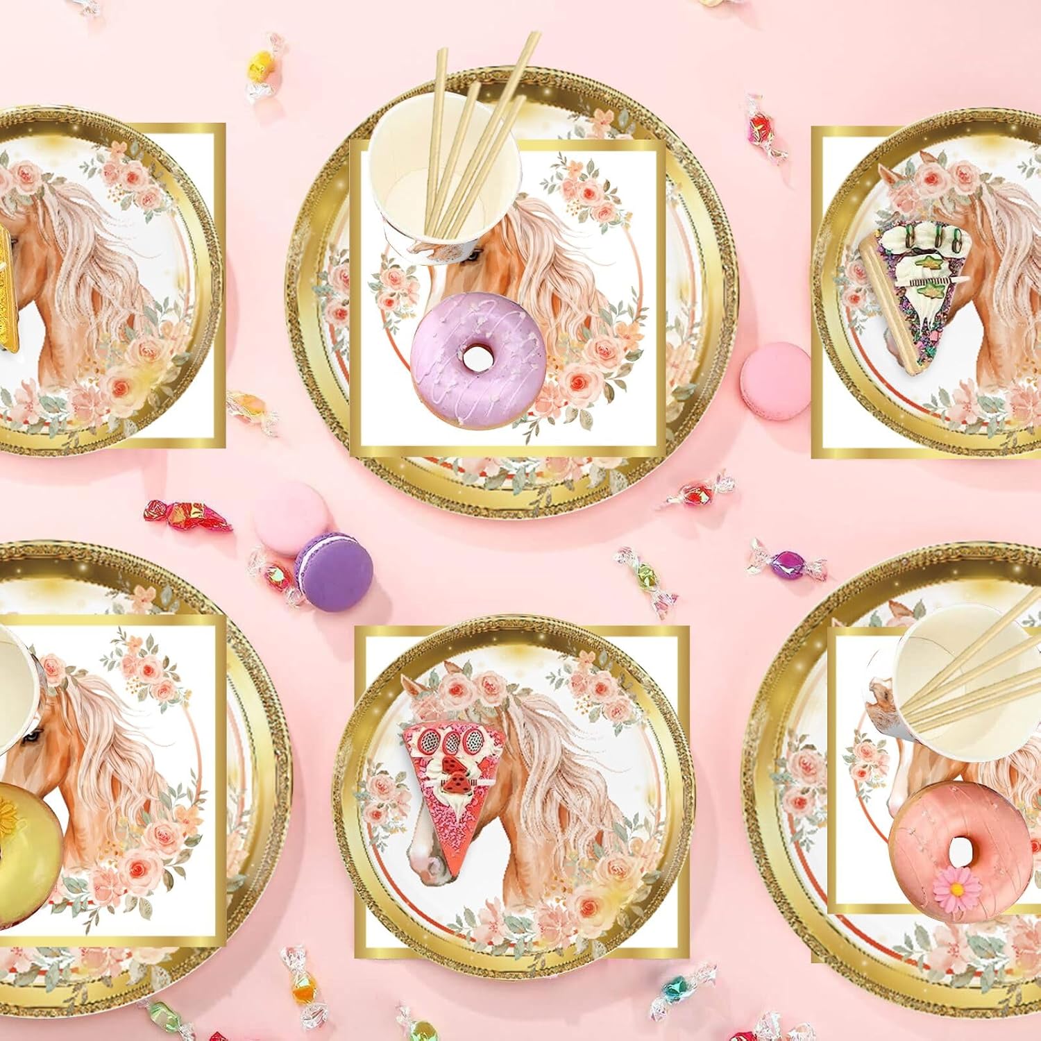 Horse Birthday Party Supplies, Horse Party Tableware Complete Pack Horse Party Plates and Napkins Including Gold Horse Party Plates,Cups, Napkins,Straws for Horse Birthday Baby Shower Decorations - Image 3