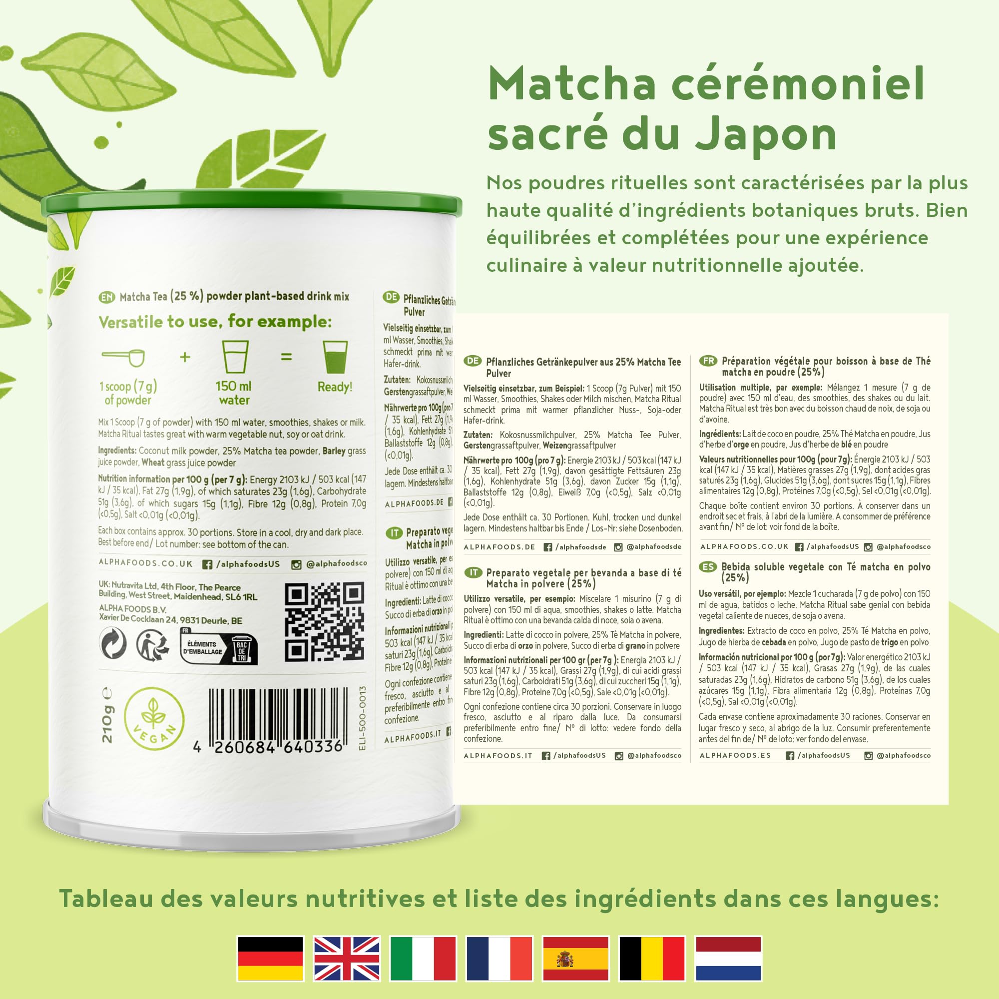 Matcha Ritual - Latte au thé vert Matcha enrichi en lait de coco, agropyre et herbe d’orge - Matcha de qualité supérieure pour la cérémonie du thé japonaise - 210 g de poudre