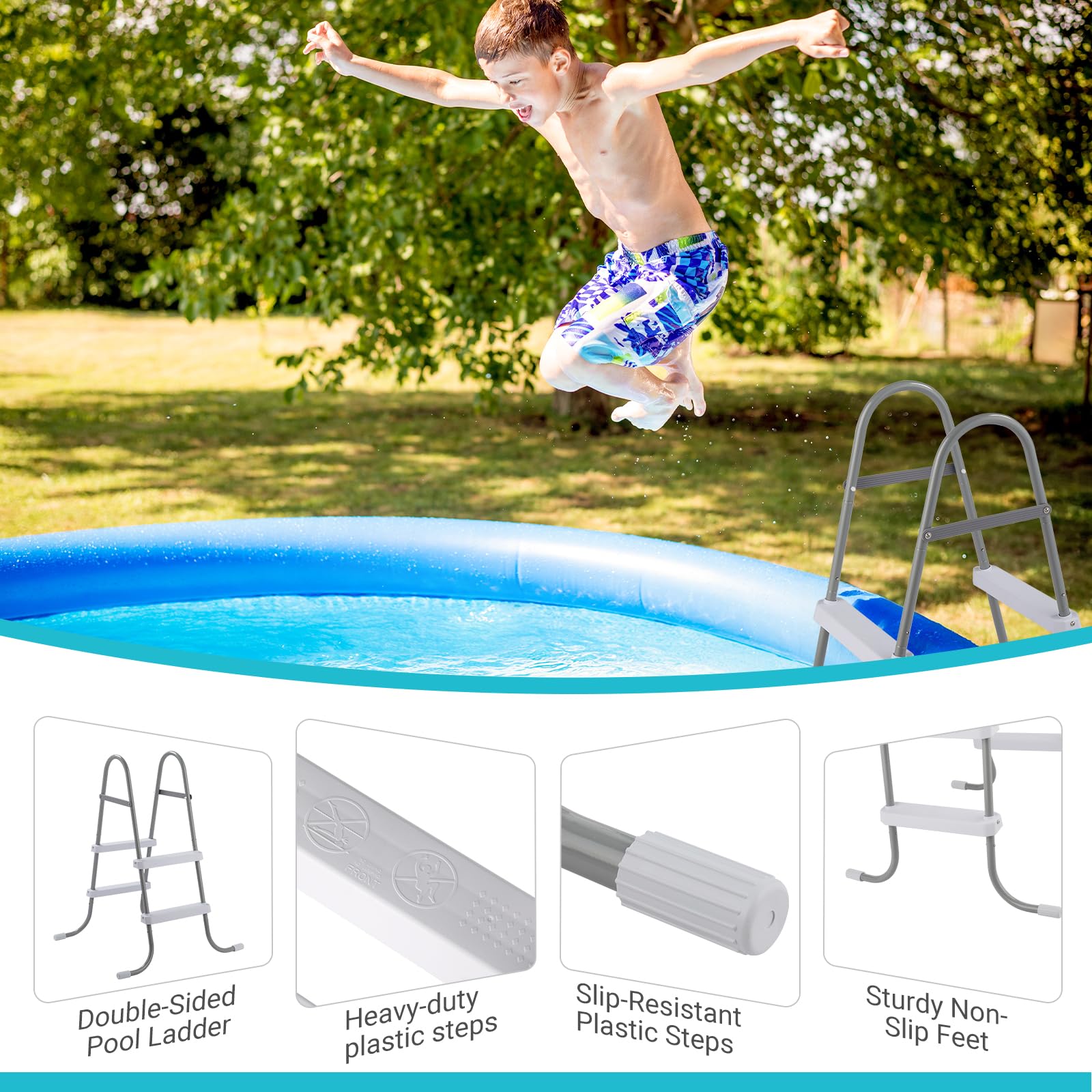BONNLO Échelle de Piscine 2 Marches Anti-Dérapantes 83 cm Acier, Escalier de Piscine en Métal, Blancs, 80×83×86cm, Adaptée aux Piscines Hors Sol et Creusées, Gris