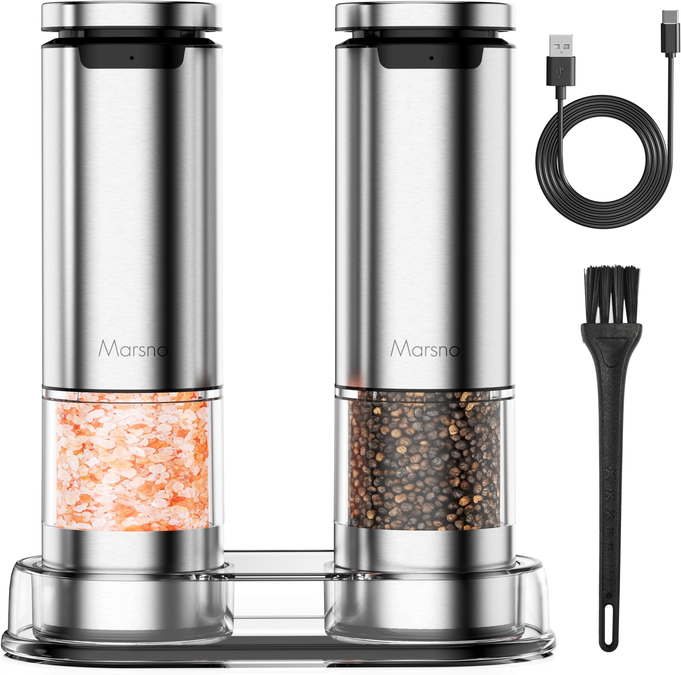 Electric Salt and Pepper Grinder Set, 2 Pack Automatic Salt and Pepper Mill Grinder with Warm Led Light, Rechargeable Pepper Grinder with Storage Base, for Kitchen, Restaurant, Outdoor
