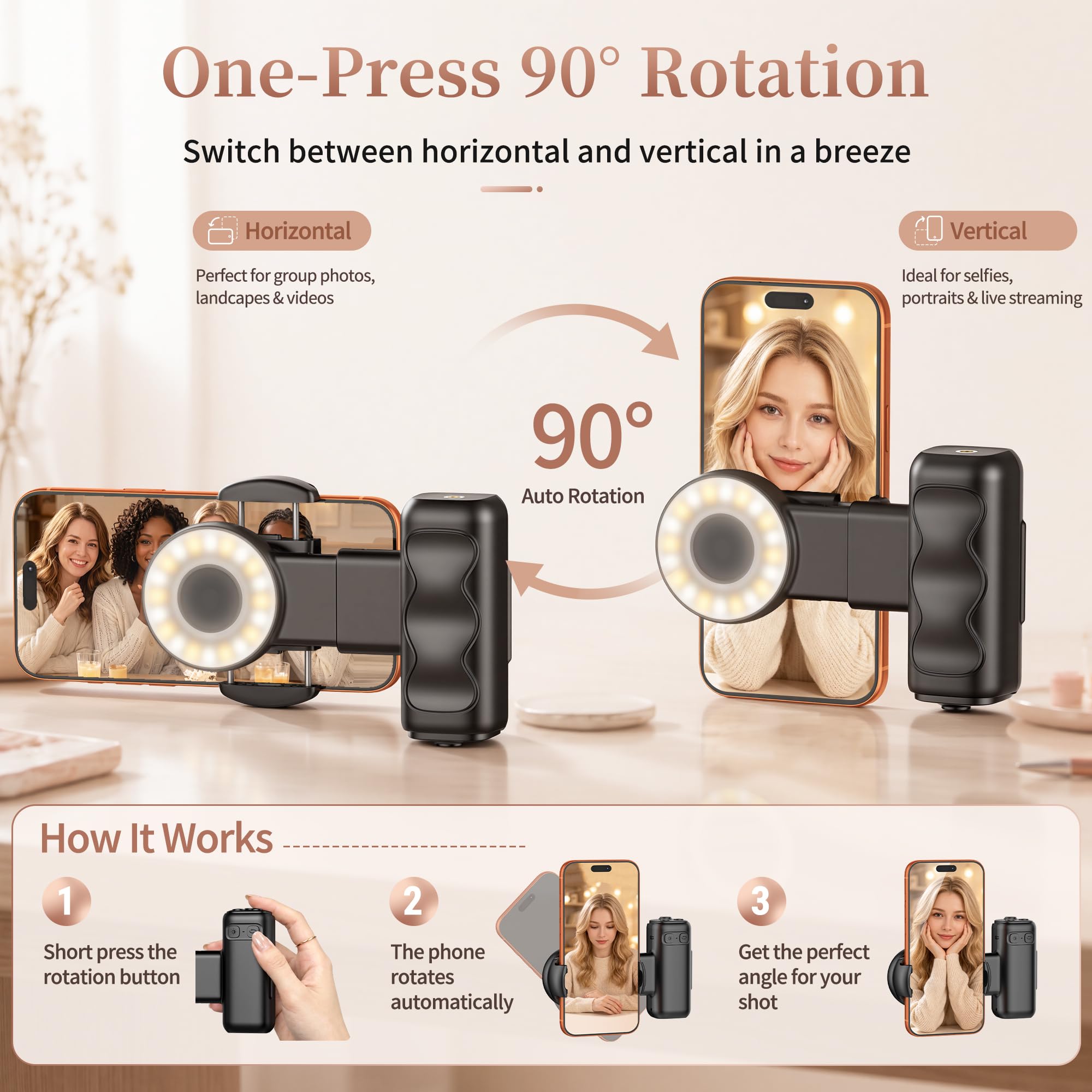 Foluu Agarre de cámara de mano para smartphone con luz de relleno LED, soporte de clip giratorio de 90°, obturador remoto BT, soporte listo para trípode para selfies, vlogging