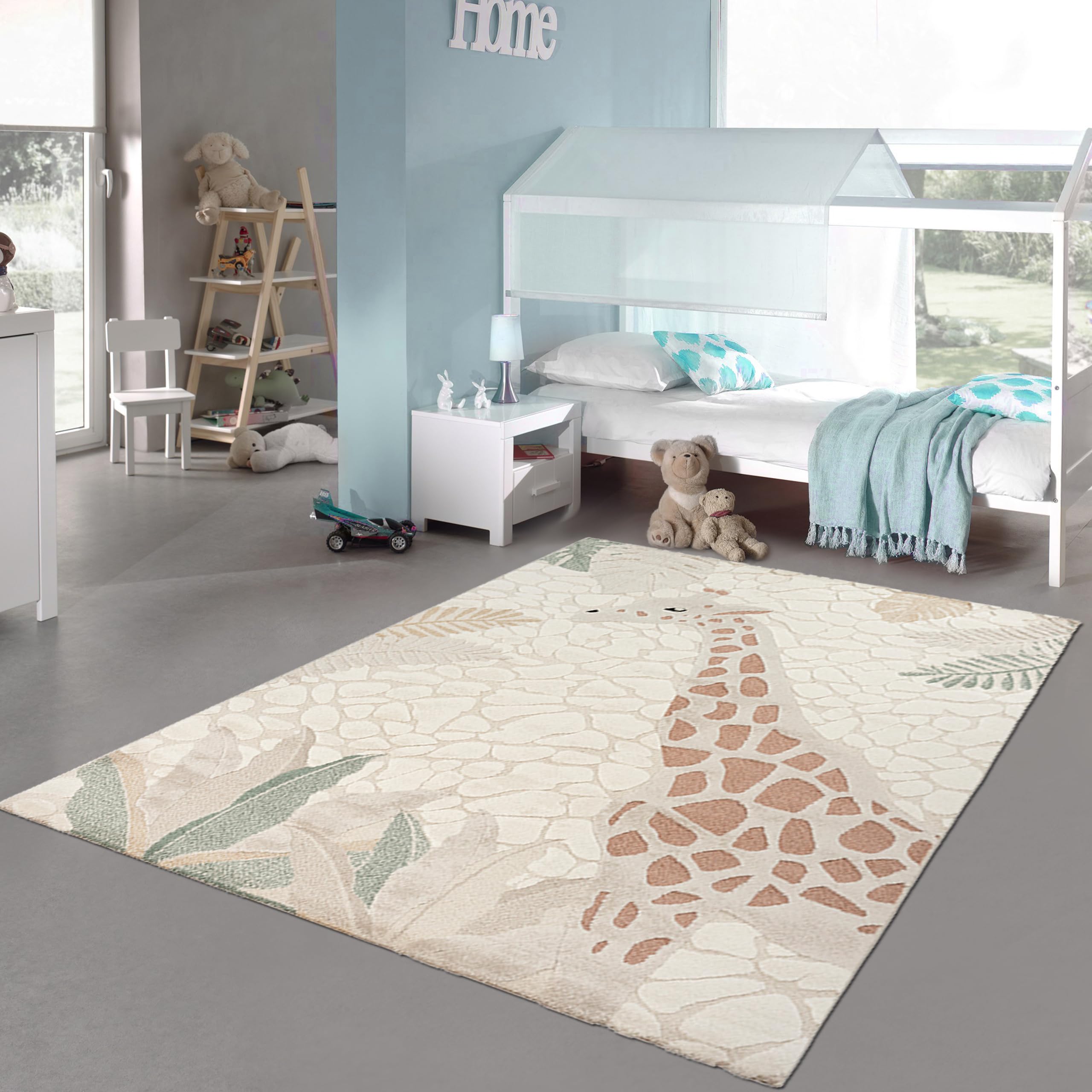 Teppich-Traum Teppich Kinderteppich weich pflegeleicht strapazierfähig niedliche Giraffe mit Blättern Creme grün, 120 x 170 cm