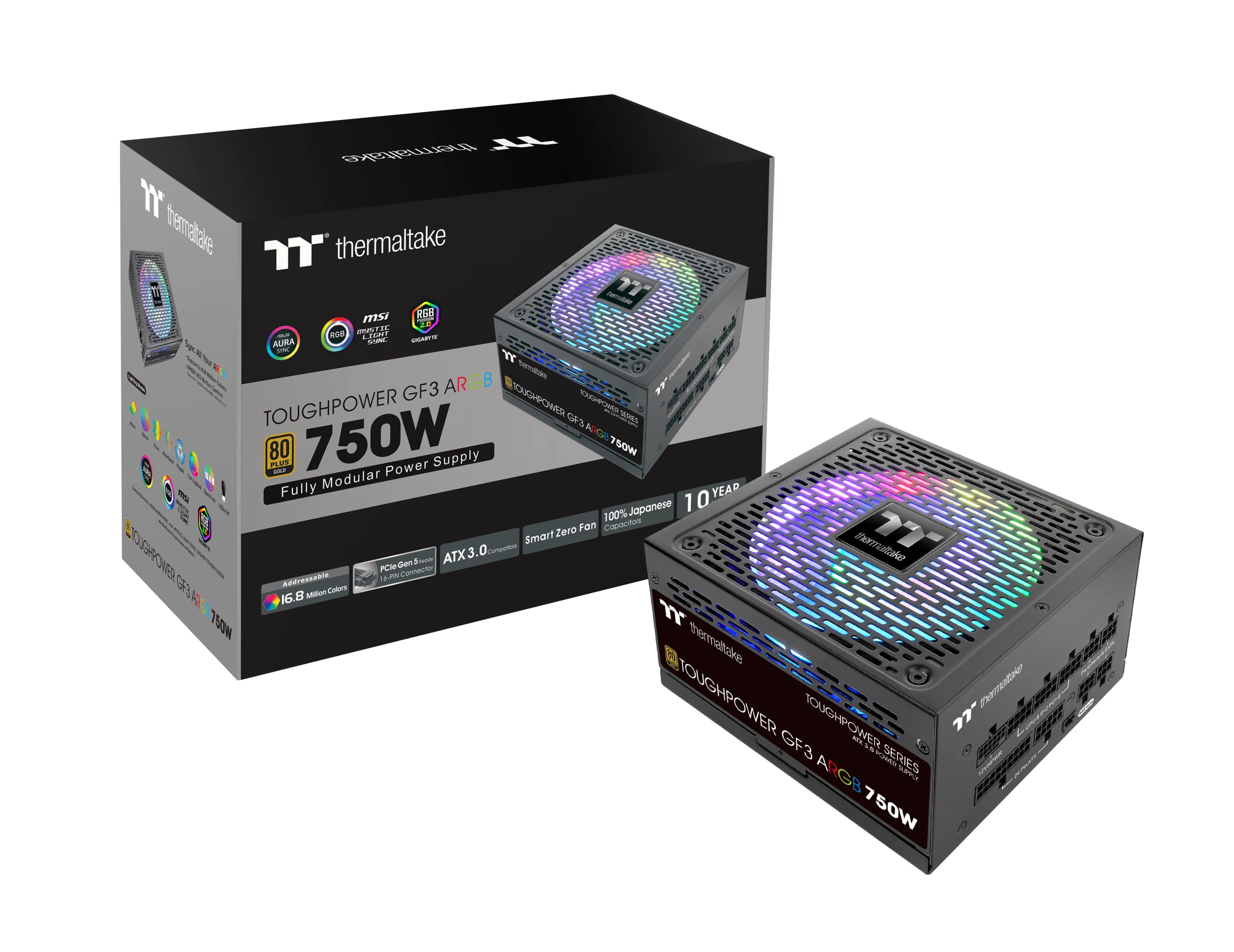 Thermaltake Toughpower GF3 ARGB 750W | Alimentation PC ATX 3.0 | PCIe Gen 5.0 | 80-Plus Gold | entièrement modulaire | Ventilateur Silencieux 140 | Certifié UE | Noir