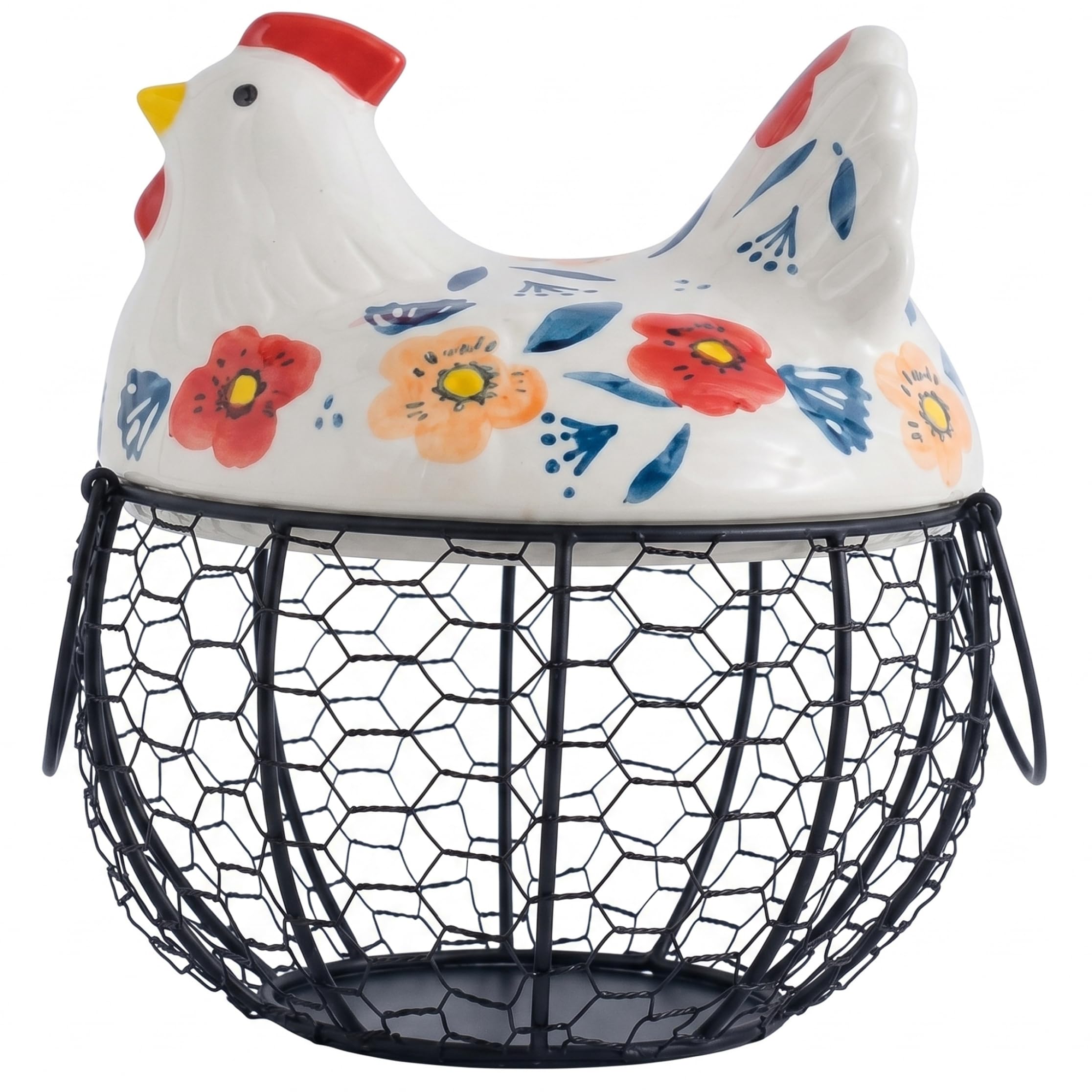 Bemonew Egg Basket Countertop, Heavy Duty Egg Gathering Basket with Cute Chicken Ceramic Lid & Handles Eggs Holder for Indoor & Outdoor