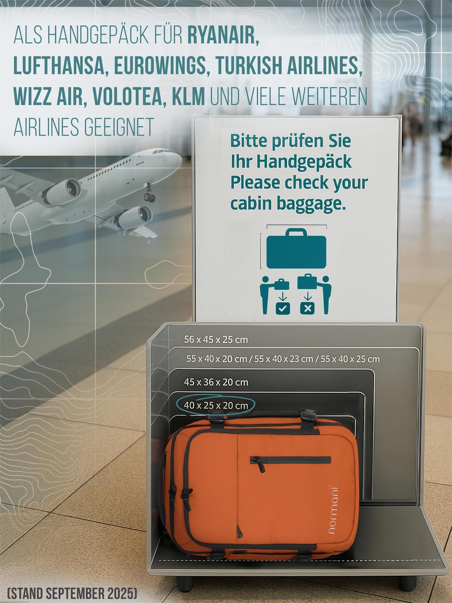 normani Handgepäck Reise-Rucksack 40x25x20-30 cm fürs Flugzeug vergrößerbar Cabin Bag mit zusätzlichen Taschen Orange mit Flaschentasche ONESIZE