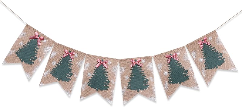 Rustic Christmas Tree Burlap Banner - Christmas Tree Garland with Red Bow, Christmas Bunting, Christmas Decorations Indoor, Merry Christmas Banner