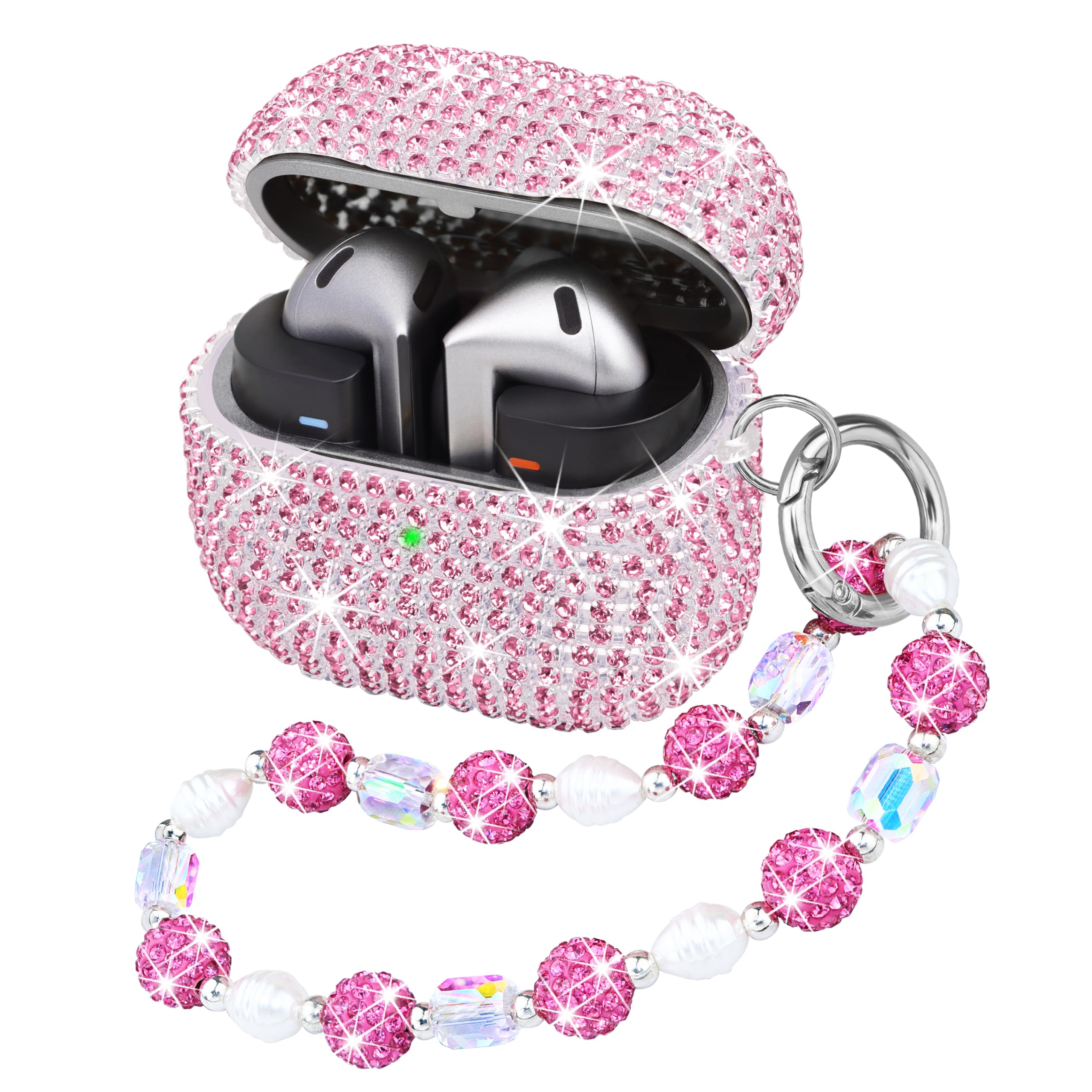 Compatible with Samsung Galaxy Bud 3 / Buds 3 Pro, Glitter Diamond Cover with Sparkle Bling Crystal Bracelet Lanyard Keychain Rose Pink