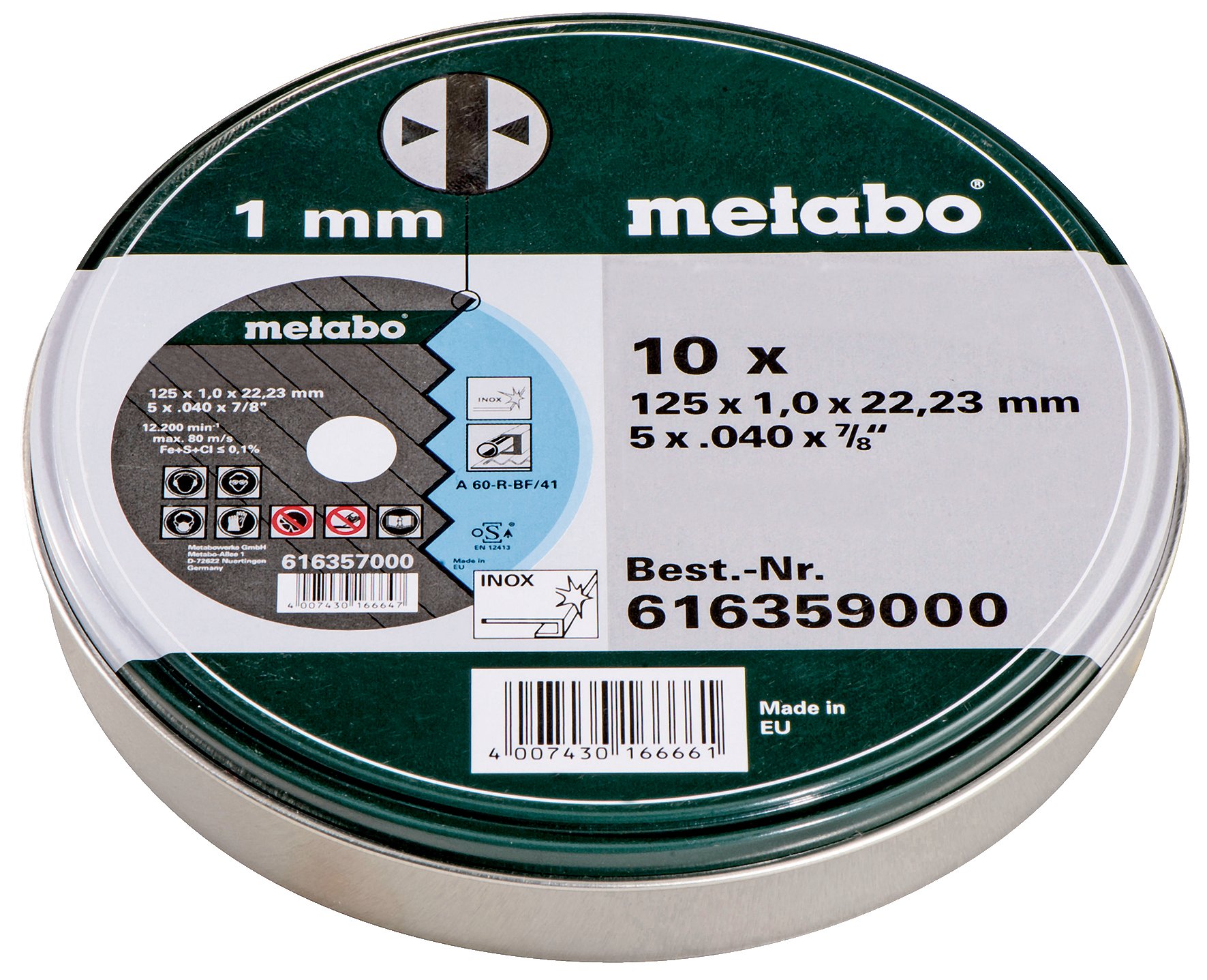 Metabo tarcze tnące SP 125 x 1,0 x 22,23 Inox, TF 41 – 616359000 – Do obróbki stali nierdzewnej – Zestaw 10 sztuk