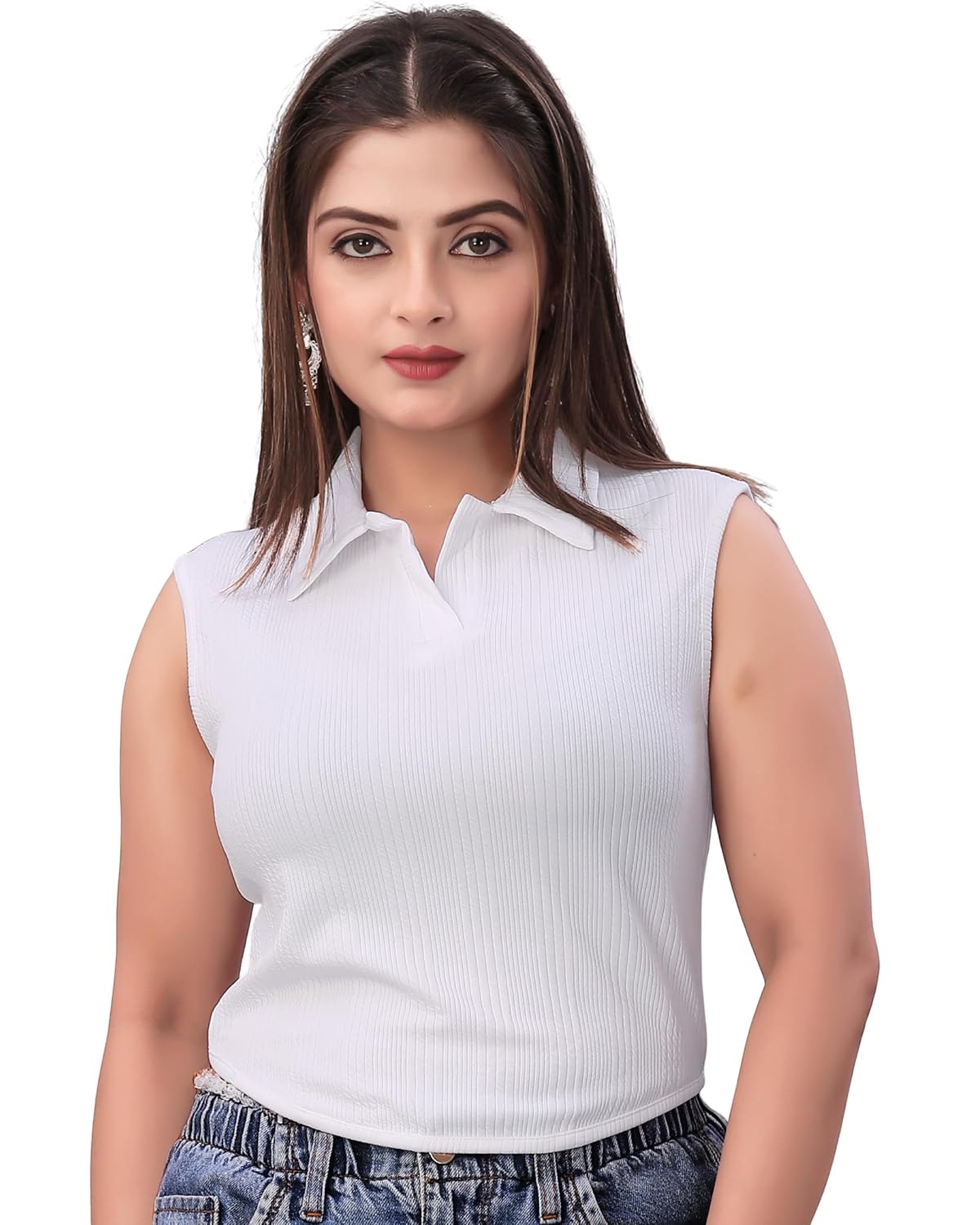 DHOLAKIYA Empire Vibe Stylish Ribbed Sleveless Summer Crop top for Women Western Tank top for Girls top Collar Polo t Shirt for Women