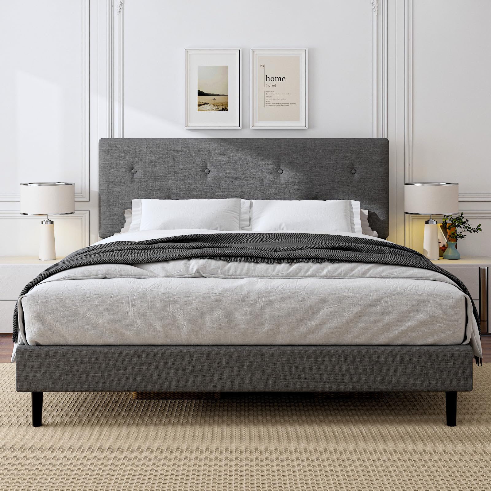 King Size Linen Bed Frame Upholstered Platform Bed Frame with Adjustable Headboard Wooden Slats Support No Box Spring