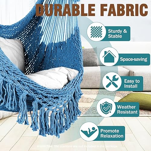 Miniatura 2 de Chihee Silla de hamaca súper grande, silla colgante de cuerda de algodón hilado suave, plegable y resistente, barra esparcidora de metal resistente,