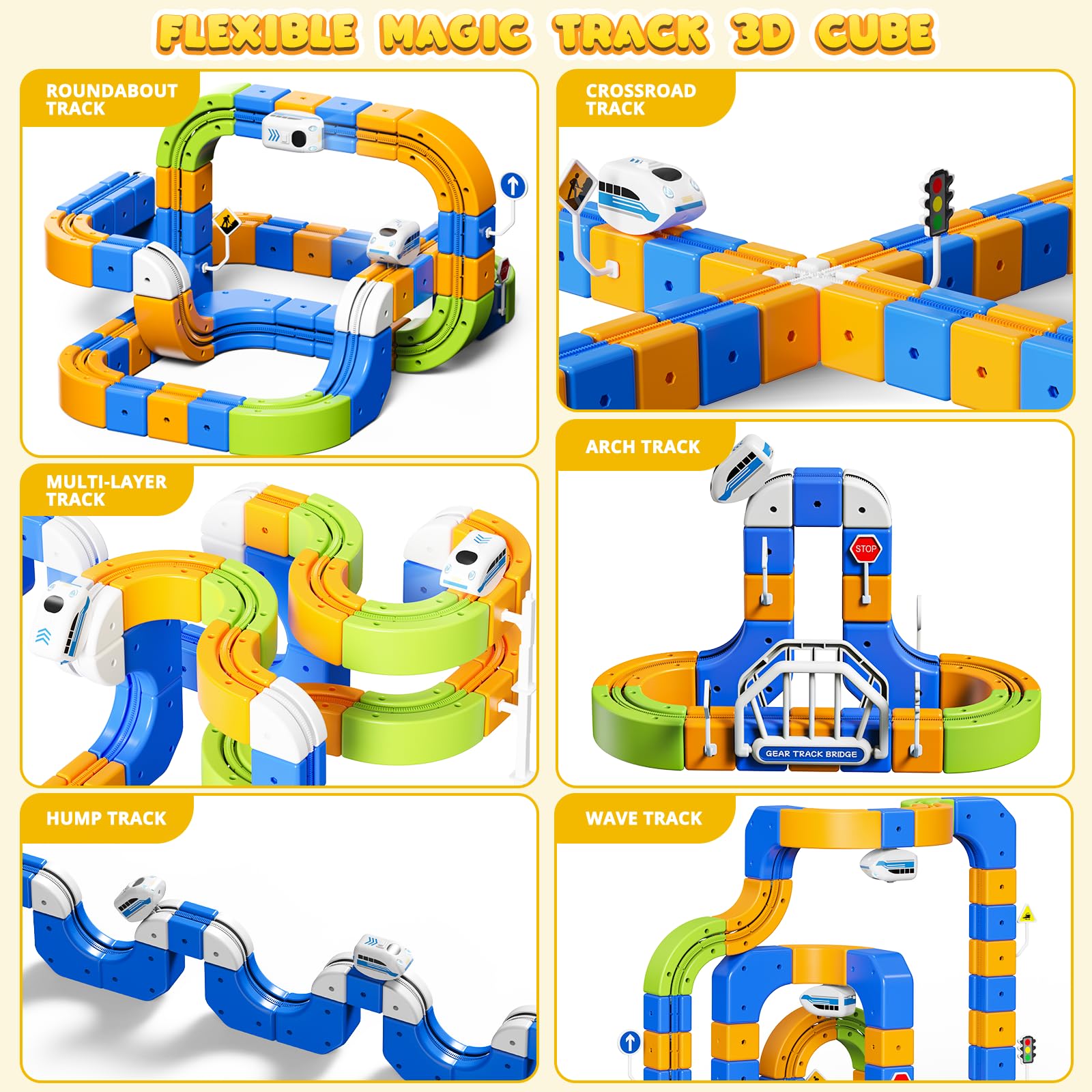 Tren Eléctrico Niños 225 Piezas (80 Vías + 2 Trenes) – Gran Pista Flexible 3D Antigravedad Circuito Tren Electrico, Juego de Construcción Stem DIY, Trenes Motorizados USB, Regalo 3-10 Años