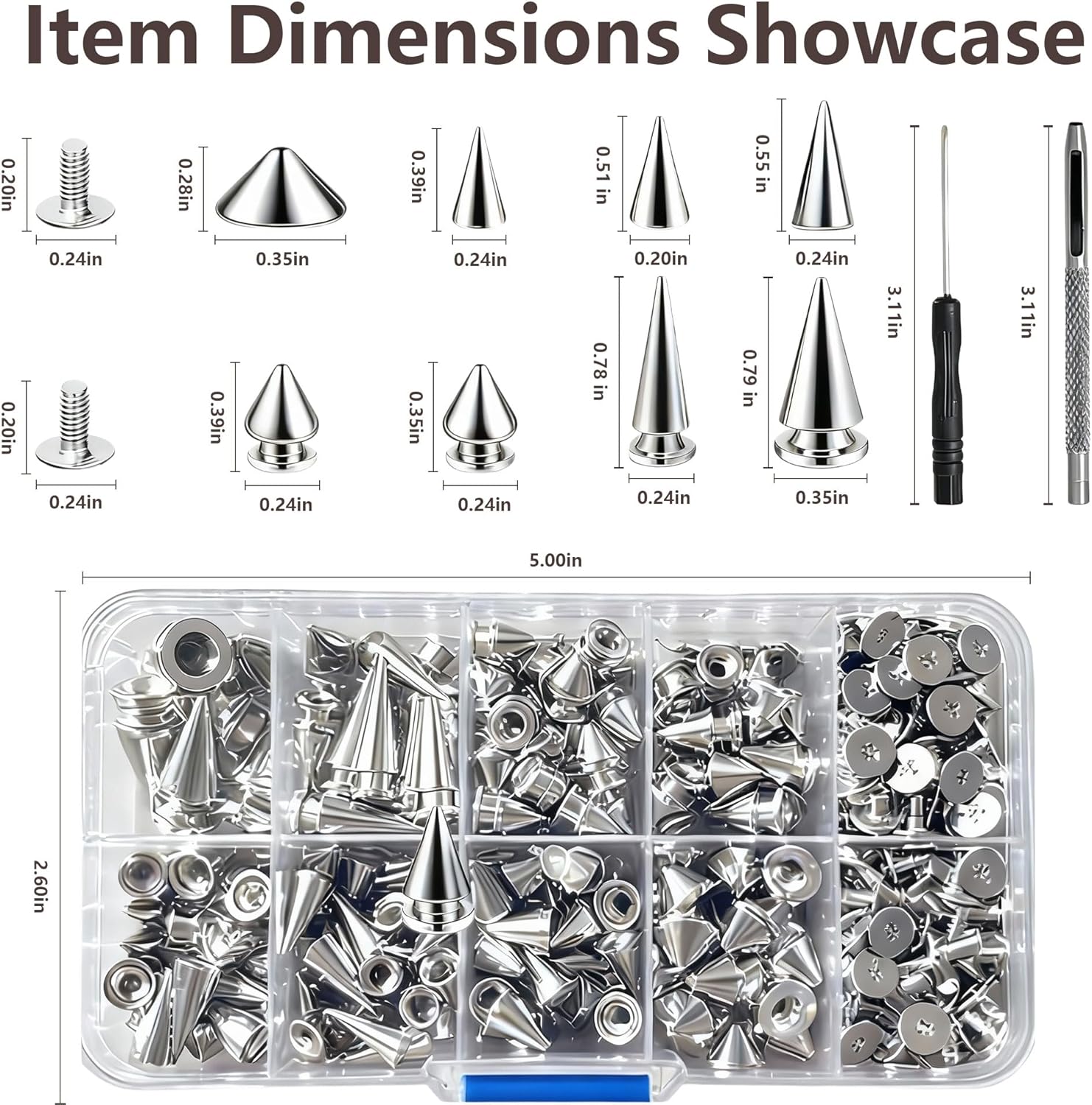 354 PCS Punk Spikes and Studs Kit – 8 Sizes Cone, Metal Tree Screwback Studs for DIY Leathercraft, Belts, Bags, Jackets & Punk Style Clothing Accessories (Silver) - Image 2