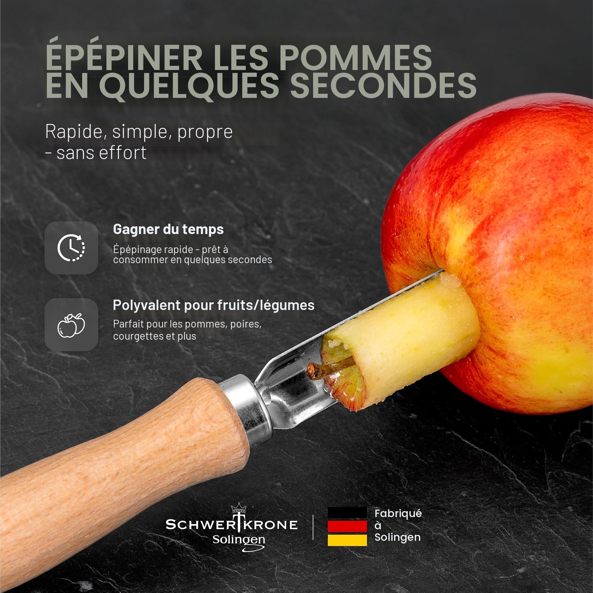 SCHWERTKRONE® Vide Pomme [MADE IN GERMANY] - Éplucheur de Pommes de Haute Qualité pour Enlever les Pépins - Vide Pomme Enleve Trognon - Evideur & Denoyauteur Pomme - Bois de Hêtre