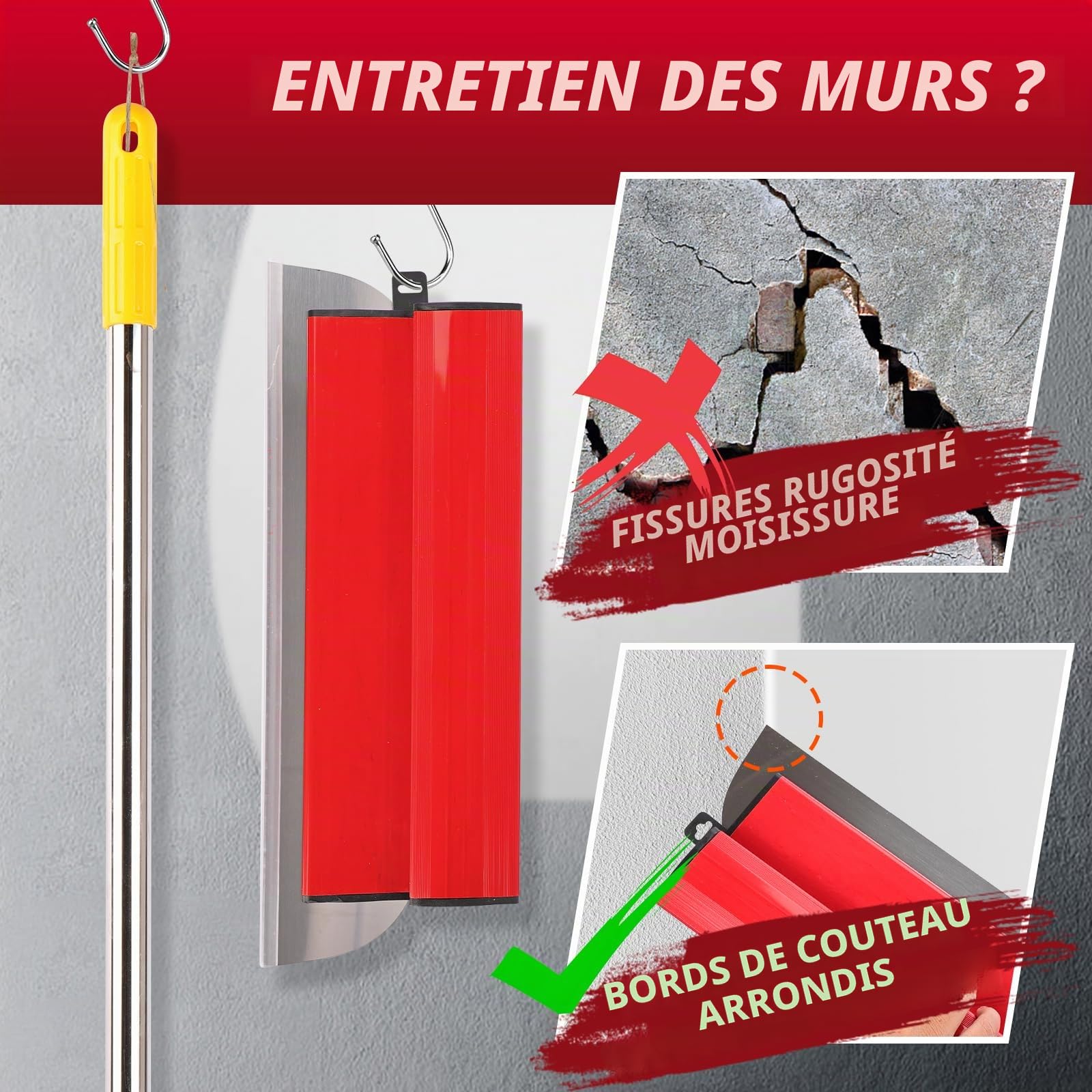11Pcs Spatule Enduit, Jeu De Grattoirs Professionnels Avec Manche Télescopique/Boîte de Rangement, Grattoirs en Acier Inoxydable Parfaitement Lisses 25/40/60/80 CM, pour Ciment Et Béton, Construction