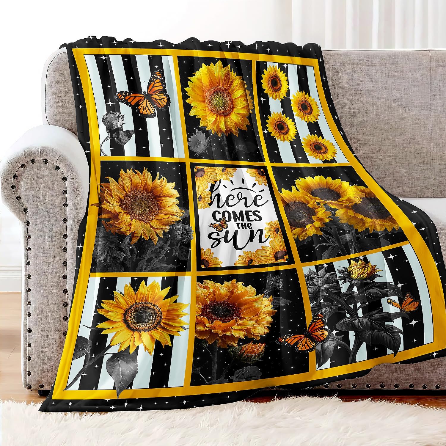 Sunflower Throw Blanket, Stars Butterfly Stripe Design, Soft Cozy Fleece Blanket for Couch Bed, 50 x 60 Inches