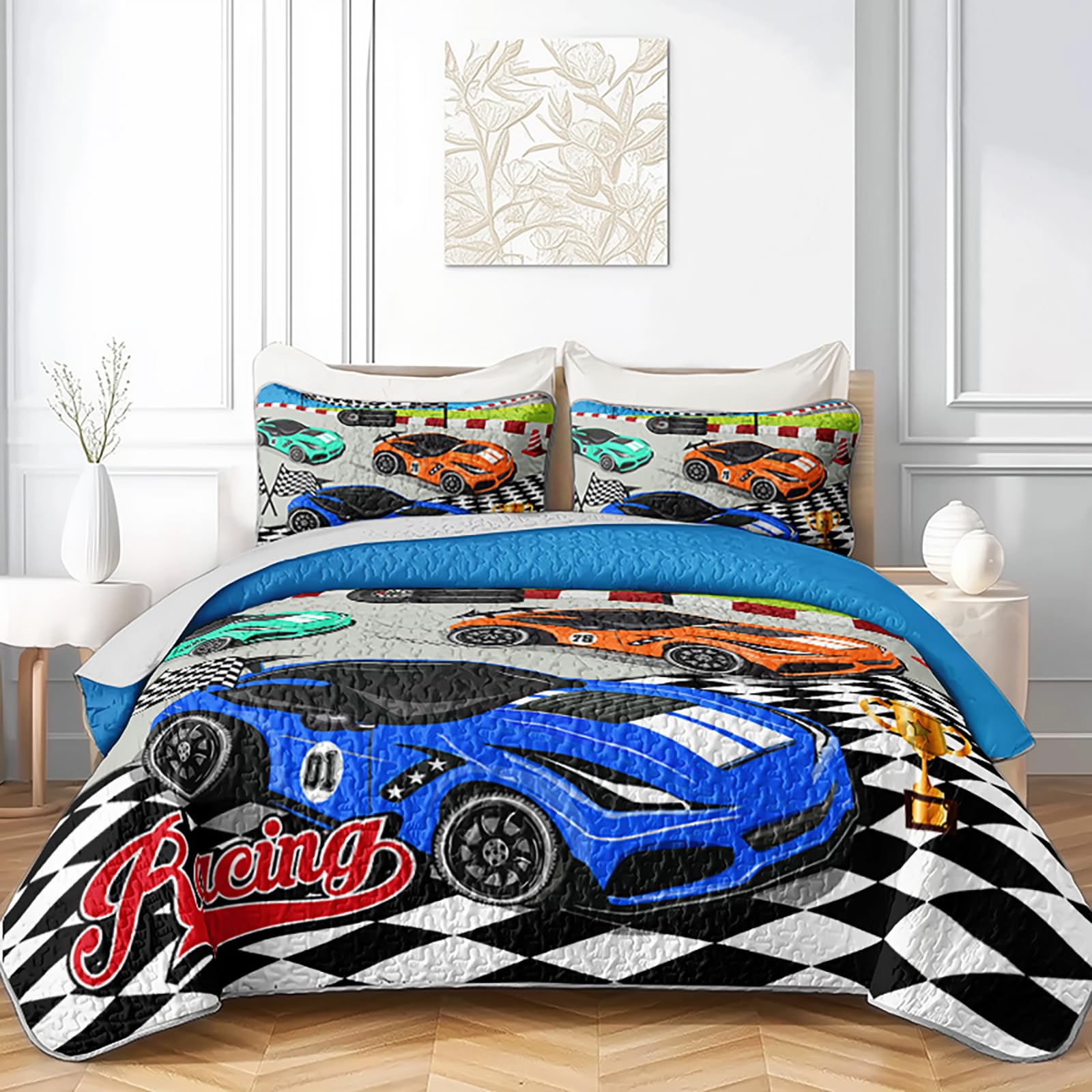 Axolotl Racing Car Quilt Set for Queen Bed,Cool Speed Race Cars Bedspread Coverlet Set for Boys,Cartoon Extreme Sports Comforter Set for Men Adults,3 Piece Sports Car Bed Cover with 2 Pillowcases