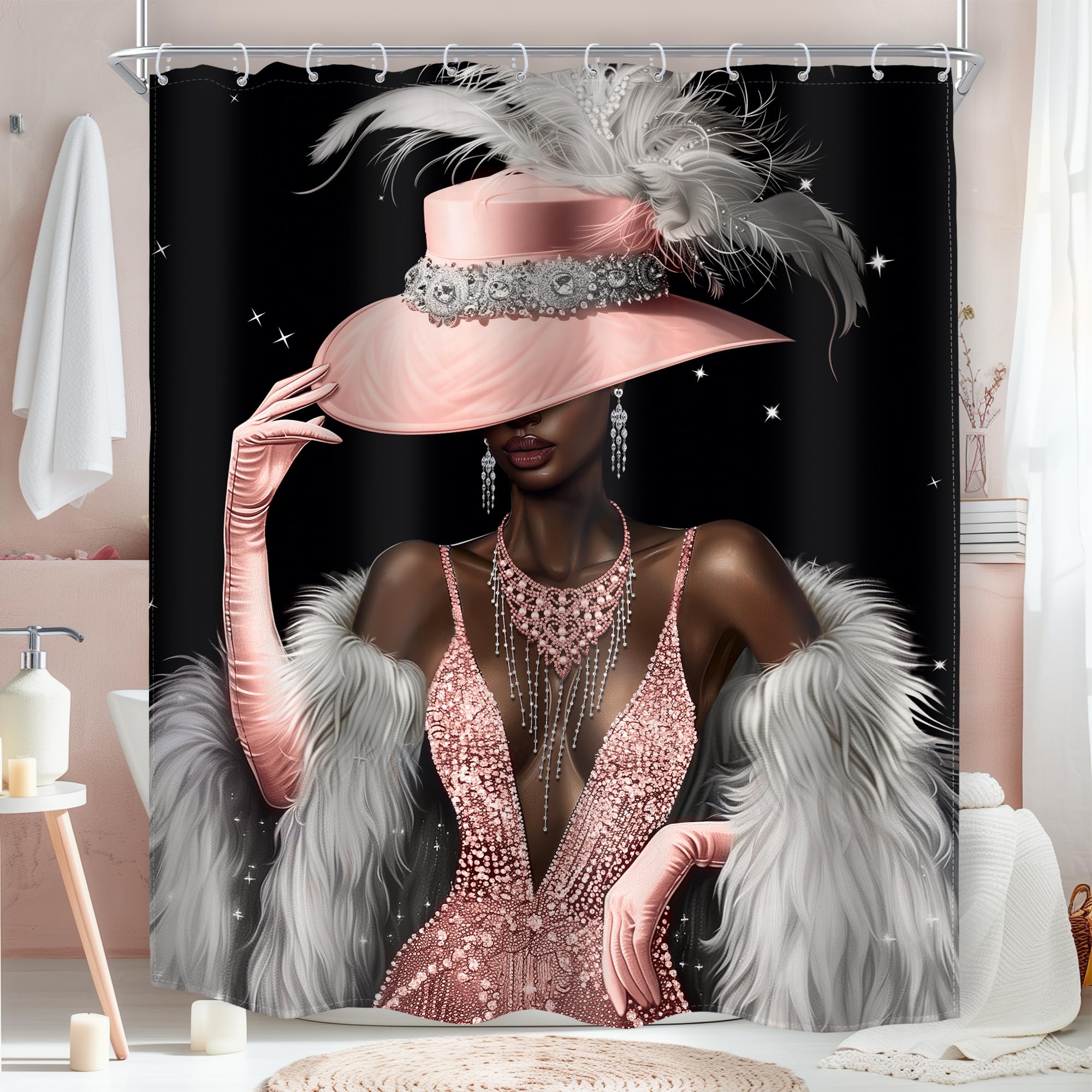 MESHELLY Pink Black Girl Shower Curtain 60Wx72H Modern African American White Fashion Dress Diamond Luxury Bathroom Curtain Elegant Bath Curtain Cloth
