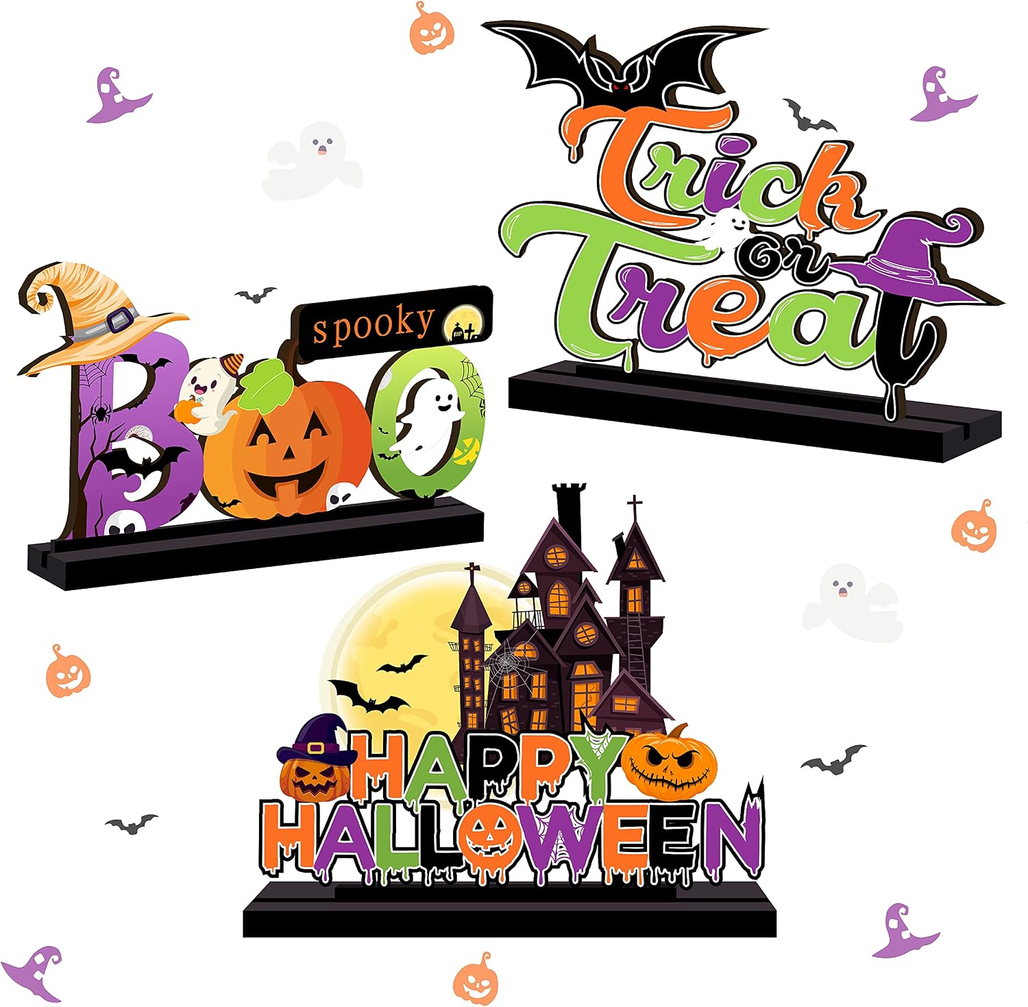 Happy Halloween Wooden Centerpiece Sign Decoration Trick or Treat Table Toppers Table Signs with Witch Hat Goast Pumpkin Shaped Ornaments for Halloween Party Table Top Decoration