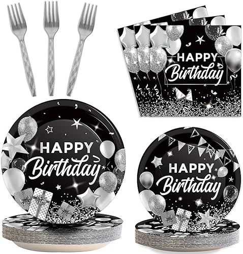 Juego de vajilla de 96 piezas para fiesta de cumpleaños, color negro y plateado, decoraciones de fiesta de feliz cumpleaños, platos de cumpleaños