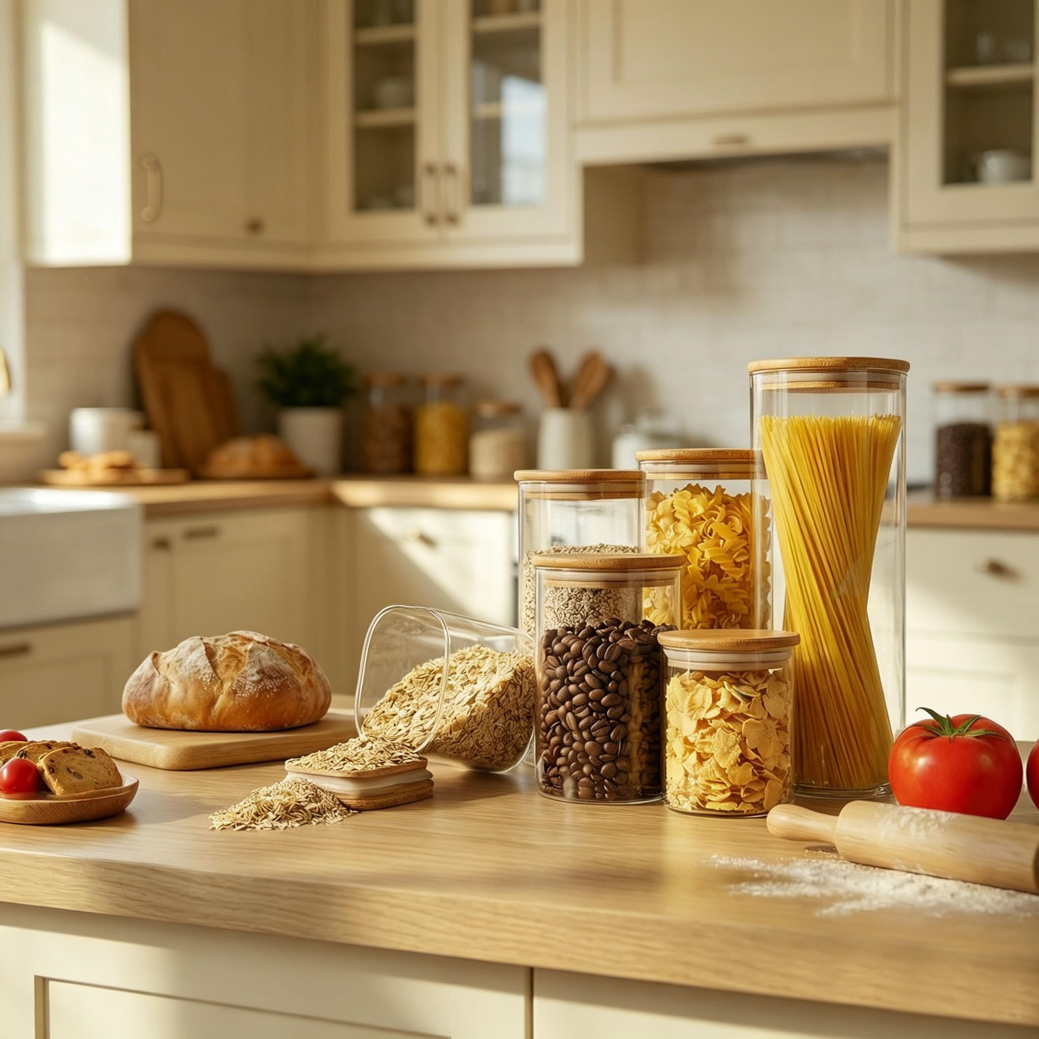 VIEWELLD Recipientes cuadrados de vidrio de 1.2 cuartos de galón con tapas, tarro de vidrio con tapa hermética, recipiente de vidrio para despensa, galletas, harina, cereales, arroz, azúcar, té, café