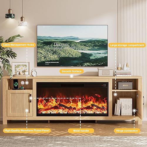 Miniatura 7 de Soporte de TV de granja con chimenea eléctrica de 38 pulgadas para televisión de hasta 70 pulgadas, centro de entretenimiento, consola multimedia,