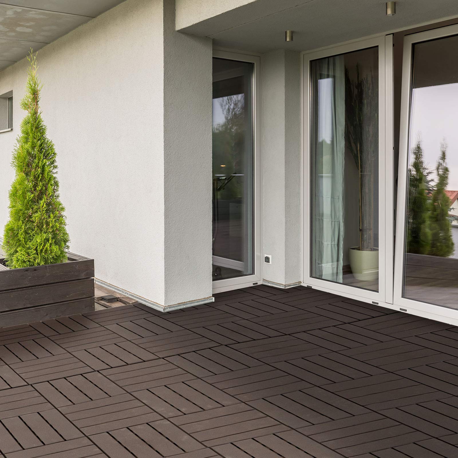 Outsunny Caillebotis Plastique Emboîtables Pose Simple Lot de 9 Chocolat | Dalles Terrasse, Petits Carreaux Composite Imitation Bois