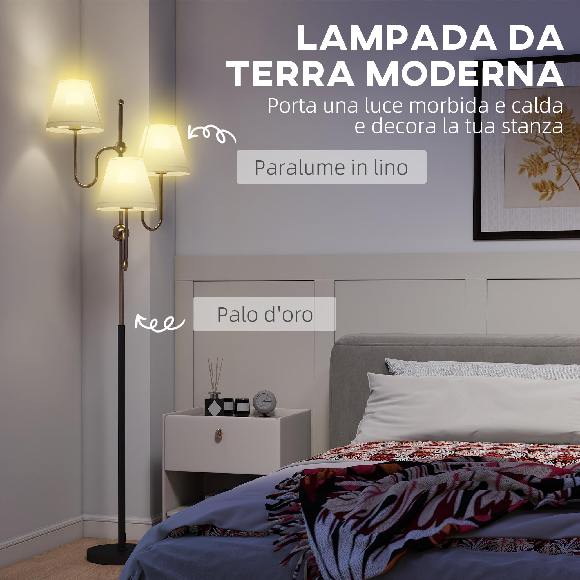 HOMCOM Lampada da Terra Alta 165 cm 3 Luci Attacco E27 Max 40W Color Oro | Lampada da Pavimento, Interruttore a Pedale, per Camera e Ufficio