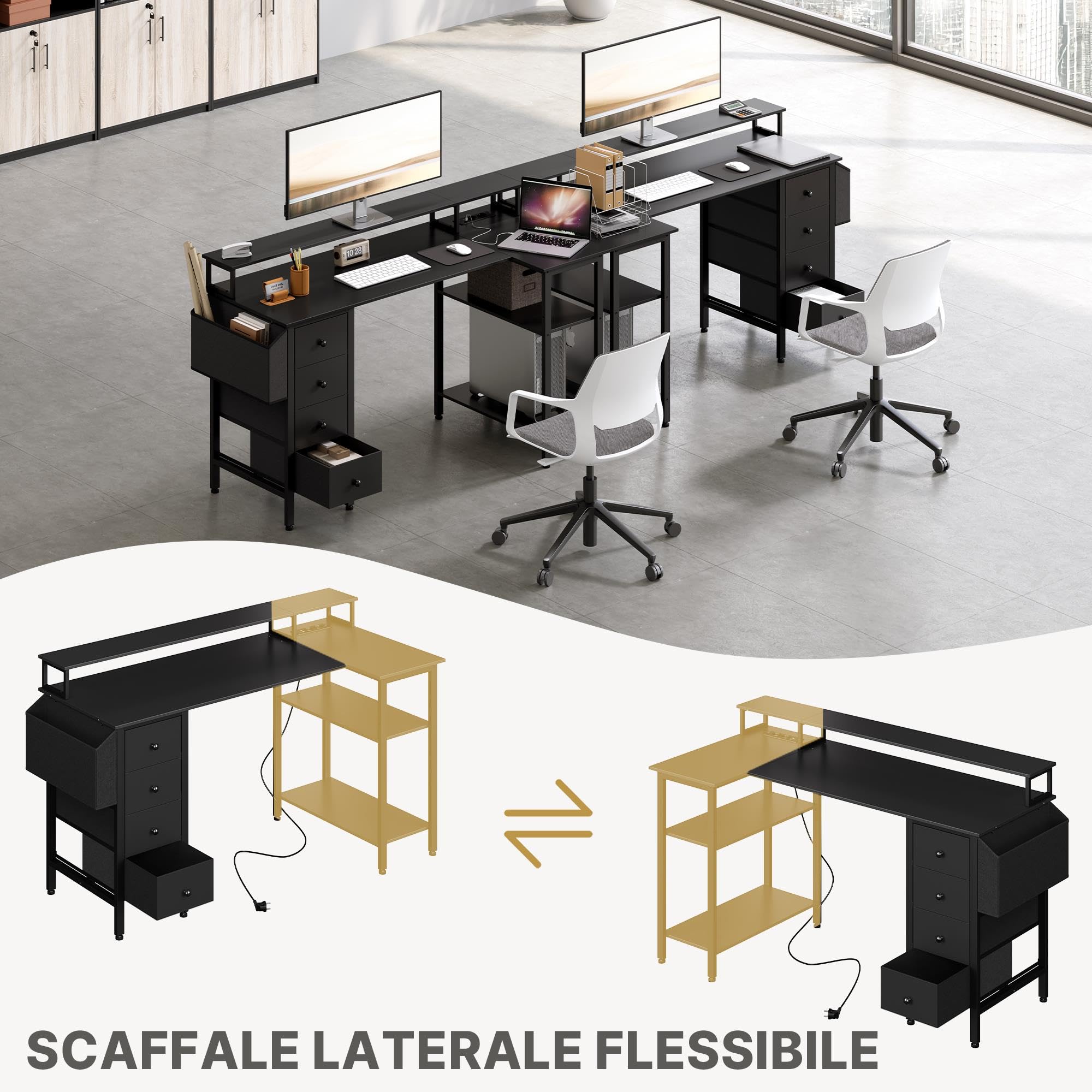 Scrivania Angolare con 4 Cassetti, 140x68cm Scrivania Reversibile | con Prese, Scrivanie a L con Scaffali Portaoggetti Tavolo per Casa Ufficio, Nero