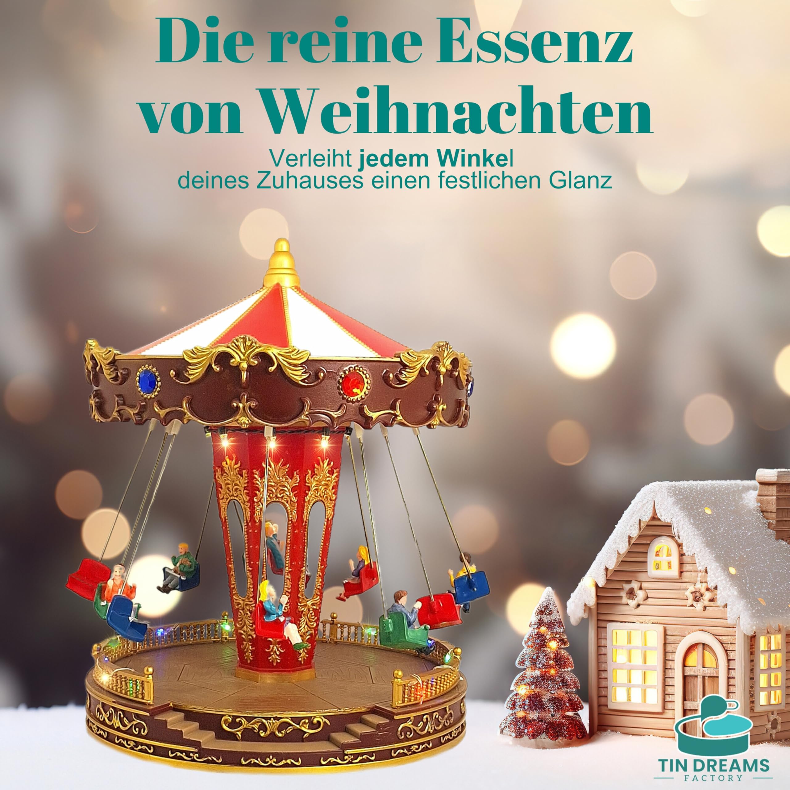TIN Dreams | Weihnachtskarussell mit Bewegung, Musik und LED-Beleuchtung | Musikalisches Kettenkarussell | Weihnachtsdorf, Miniatur-Villa, Weihnachtslandschaft mit Beleuchtung | Weihnachtsdeko Innen