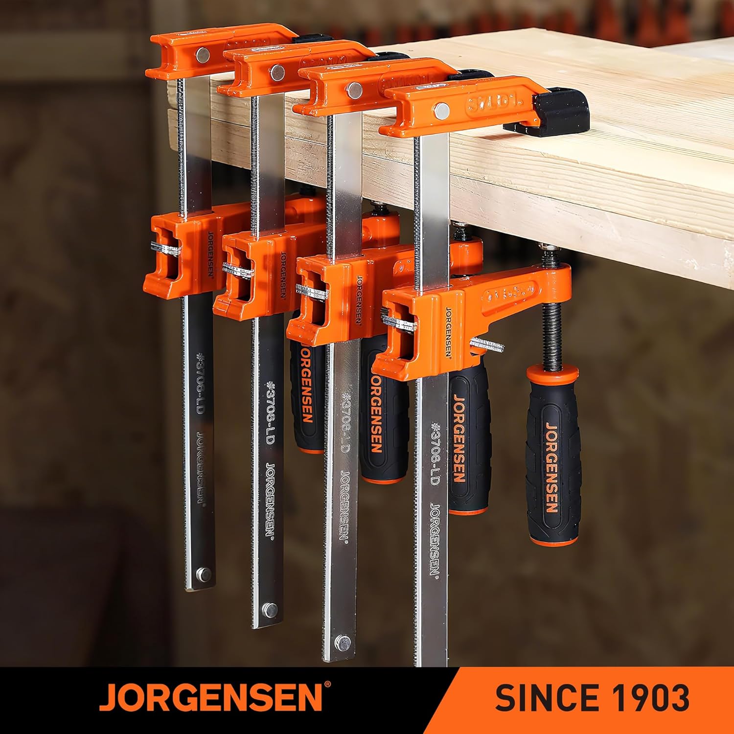 Jorgensen 6 inch Bar Clamp Set, 4 Pack Steel F Clamp Light Duty, 300 lbs Load Limited, for Woodworking, Metalworking, DIY