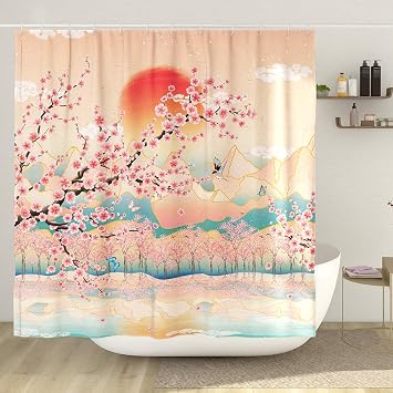 Japanese Shower Curtain Asian Art Mountain Shower Curtain Anime Cherry Blossom Shower Curtain Polyester 72x72 Inch
