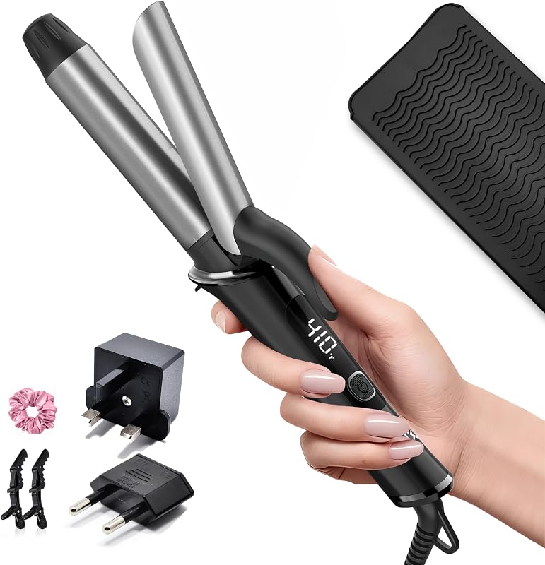 Travel Mini Curling Iron 1 Inch, Dual Voltage 110-240V with EU Plug, Grey | Small Size for European & Short Hair, 30s Fast Heating, 5 Temp Settings, Auto-Off, Anti-Scald, Heat Pad Included, Ceramic