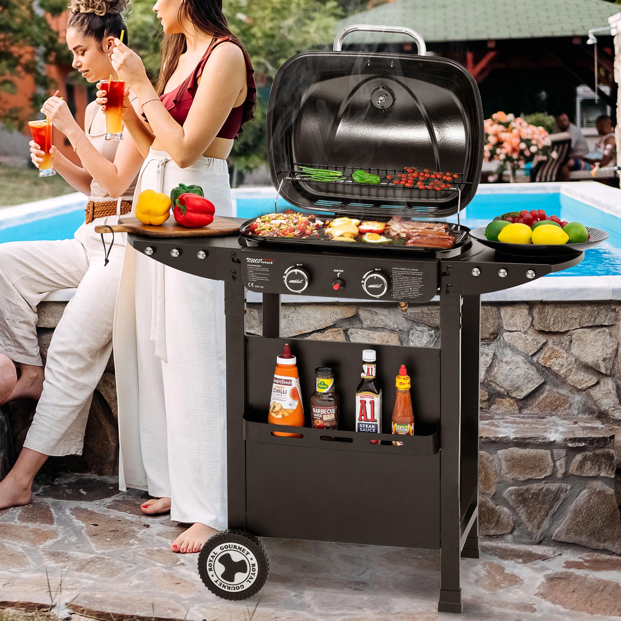 Royal Gourmet 2 Brûleurs Barbecue Gaz sur Chariot, 2 en 1 Plaque et Grille Combinés avec Tables Latérales Pliables et Couvercle, Puissance 5kW, Adapté pour Jardin et Camping, Noir