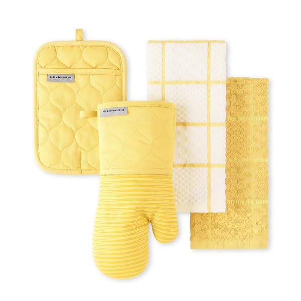 KITCHENAID Quilted Cotton Terry Cloth Oven Mitt, Pot Holder, Kitchen Towel 4-Pack Set, Heat Resistant, Silicone Grip, 16"x26", 7"x13" & 7"x10", Butter Yellow