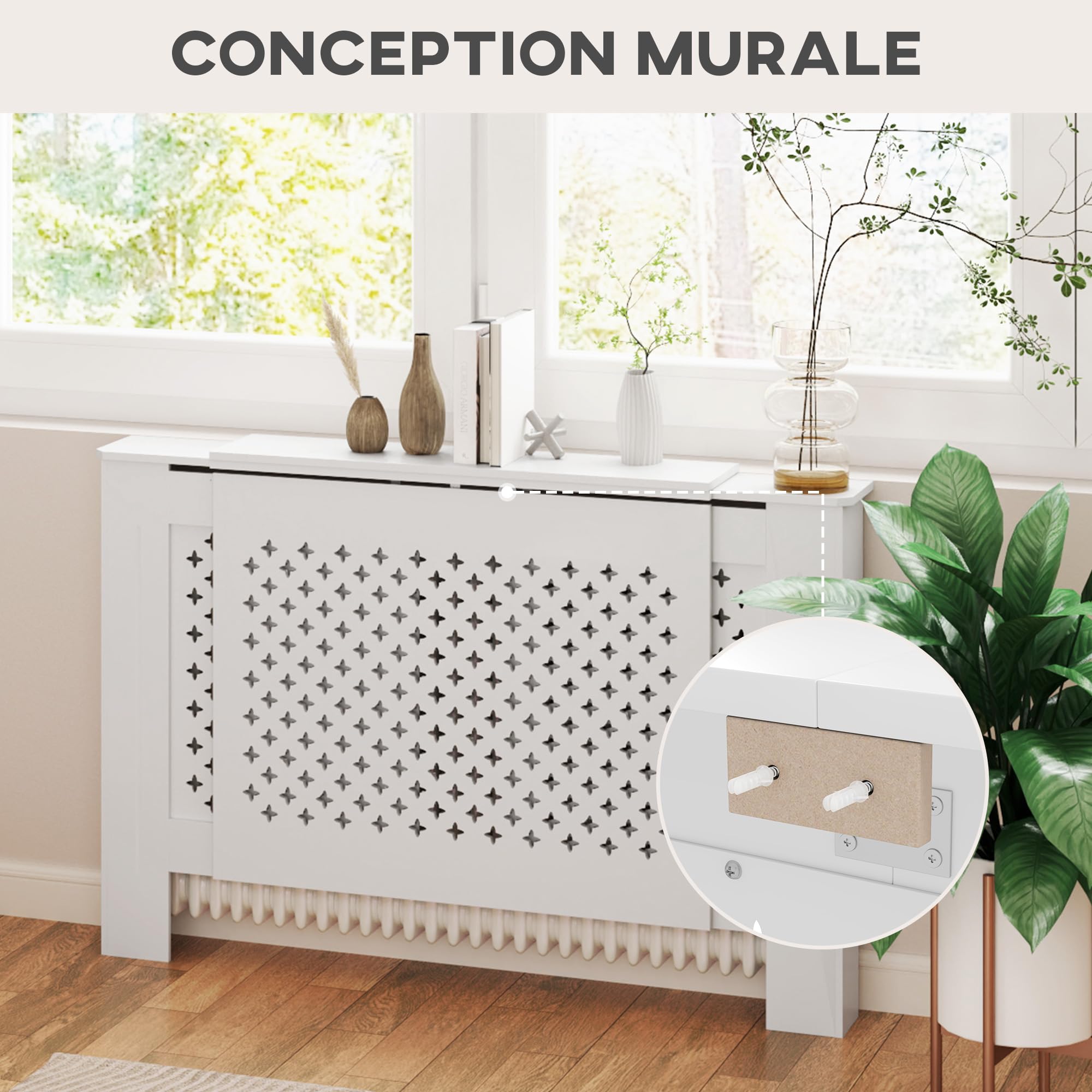 HOMCOM Copriradiatore regolabile contemporaneo a nido d'ape 136-200 x 21,5 x 91,7 cm Copriradiatore in legno per camera da letto, soggiorno - bianco