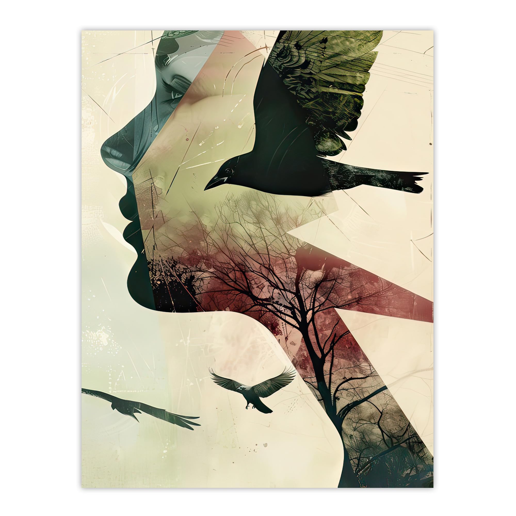Artery8 Abstract Woman Profile Portrait Crows Trees Dark Living Room Extra Large XL Wall Art Poster Print