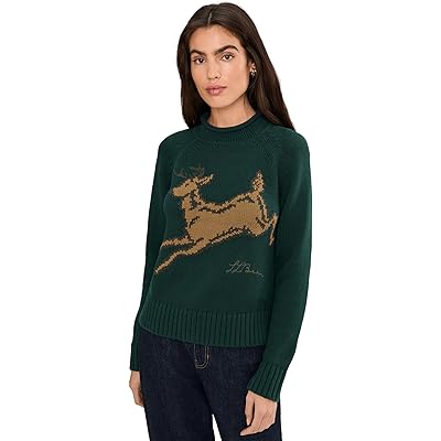 L.L.Bean Signature Original Cotton Rollneck Novelty Sweater deepest green deer