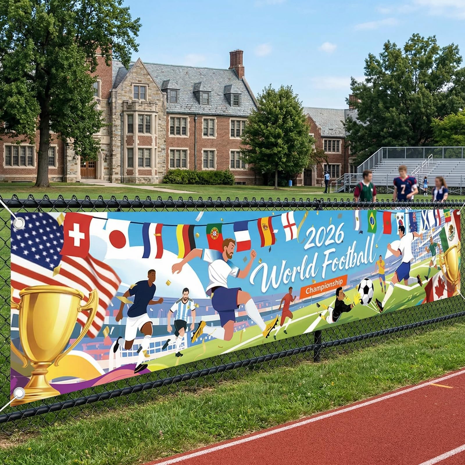 World Cup Football 2026 Backdrop Banner Flags, World Cup Football Party Decorations, 48 Teams Fabric Flags Banner with Pre-Drilled Holes & Hanging Rope for Garden Table Wall Indoor Outdoor Home