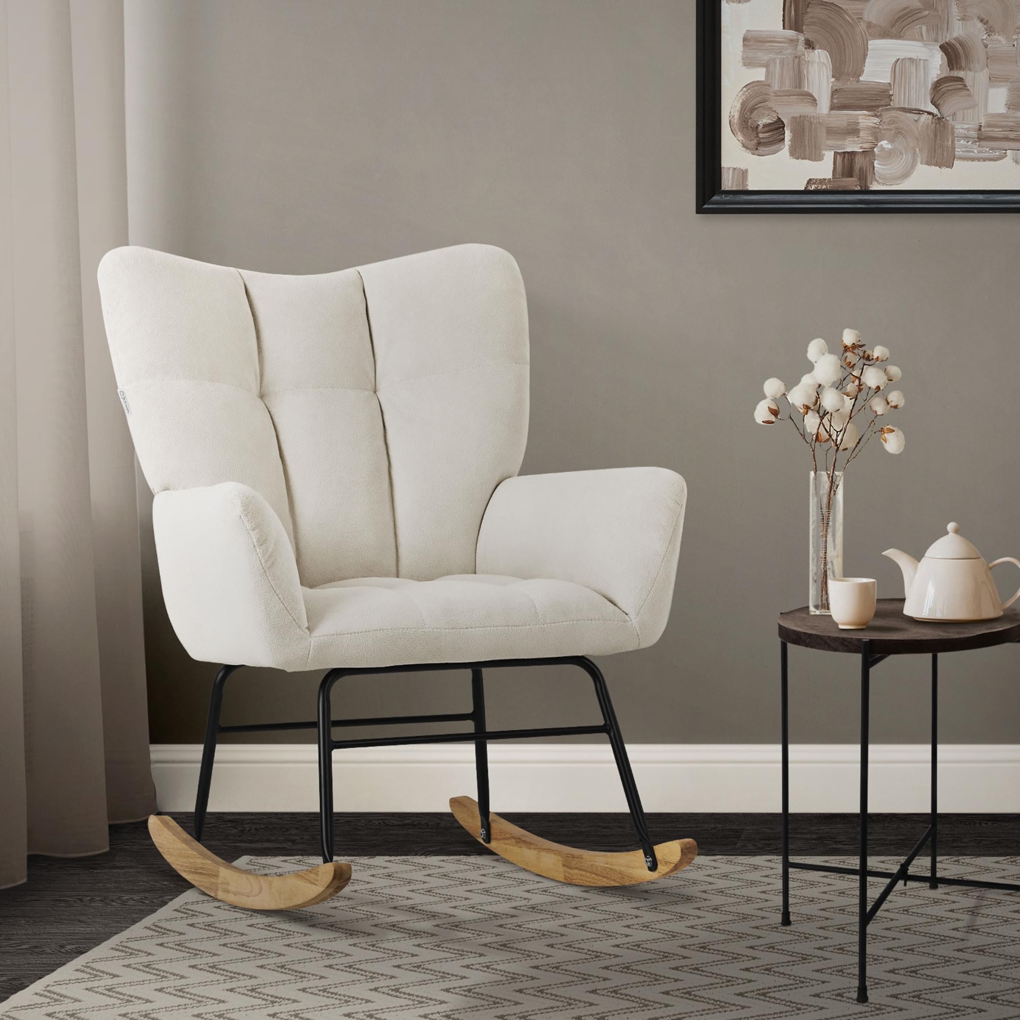 ML-Design Poltrona a Dondolo per Salotto Sedia Confortevole Beige Imbottita Poltroncina da Soggiorno con Braccioli e Schienale Alto Rilassante Base in Legno Massiccio Arredamento Casa