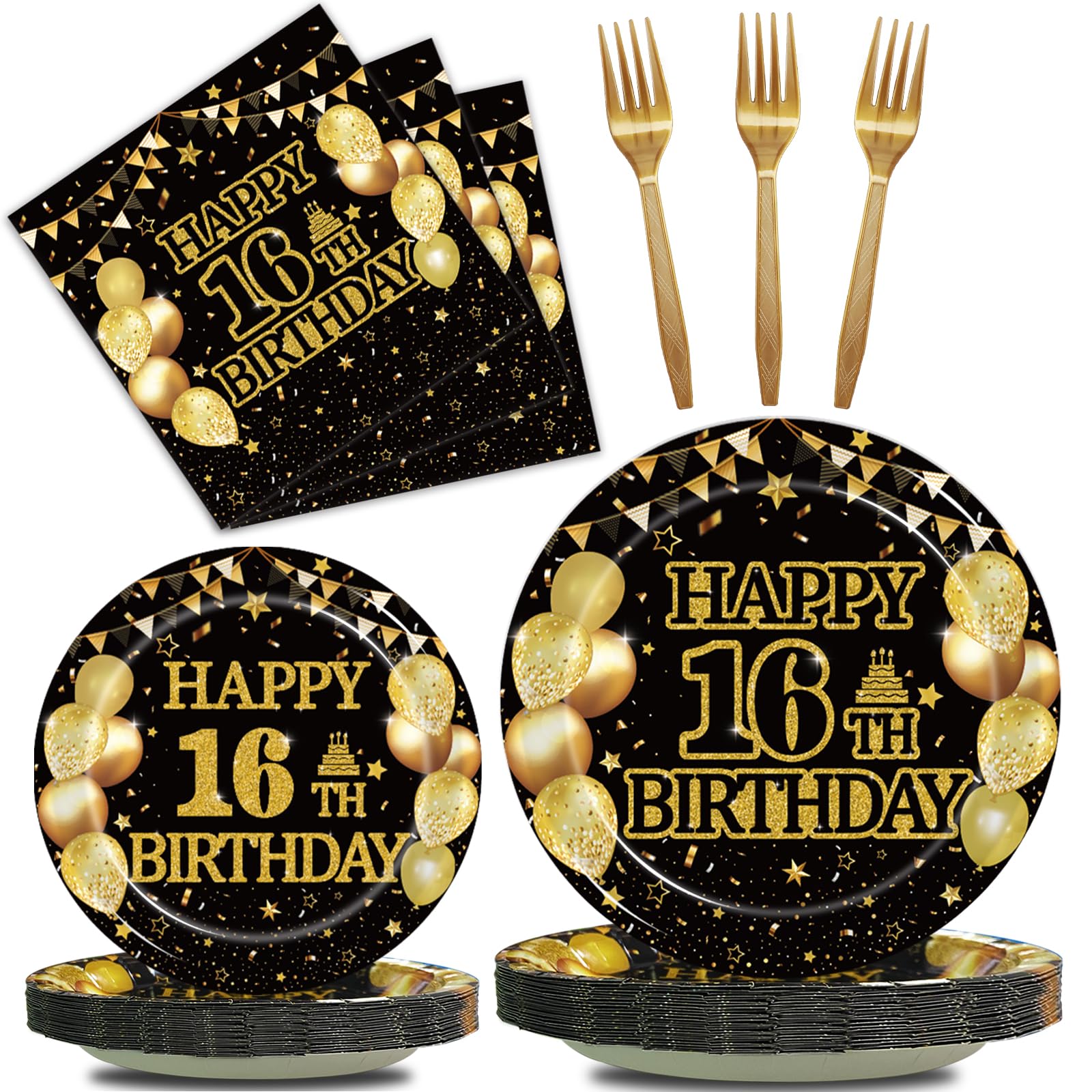 96Pcs 16th Birthday Party Tableware Set, Black Gold Cheers to 16 Years Party Decorations Supplies for Boys Girls 16th Birthday Disposable Paper Plates