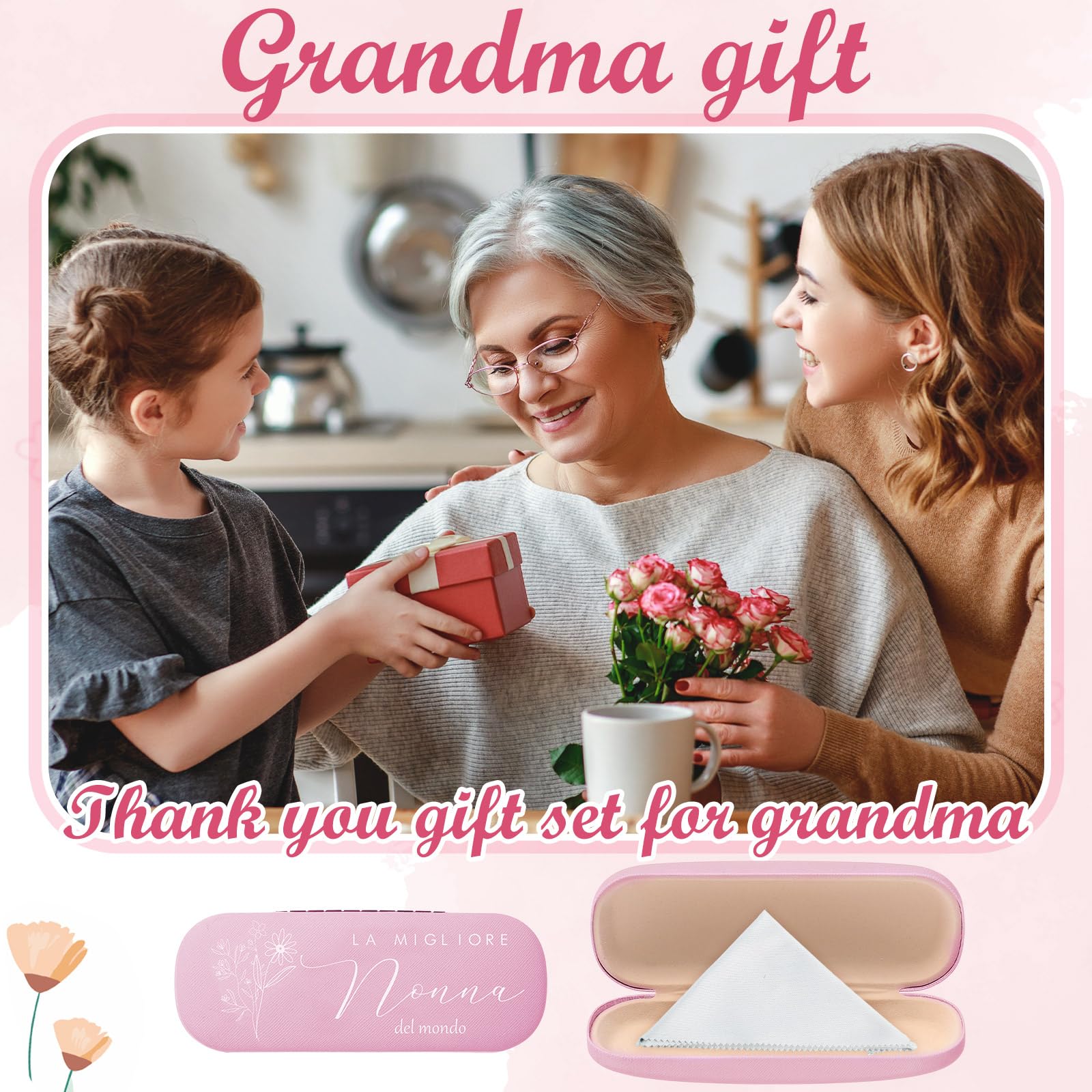 Set Regalo per Nonna Regali di Compleanno Natale Festa Includere 1 Borsa per Cosmetici 1 Custodia per Occhiali 1 Portachiavi con Ciondolo a Forma 1 Biglietti d'Auguri con Busta