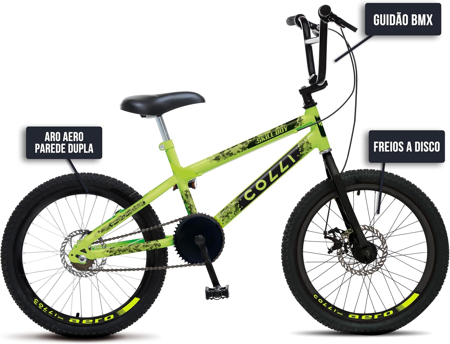 Imagem lateral da bicicleta com fundo branco, destacando suas características.