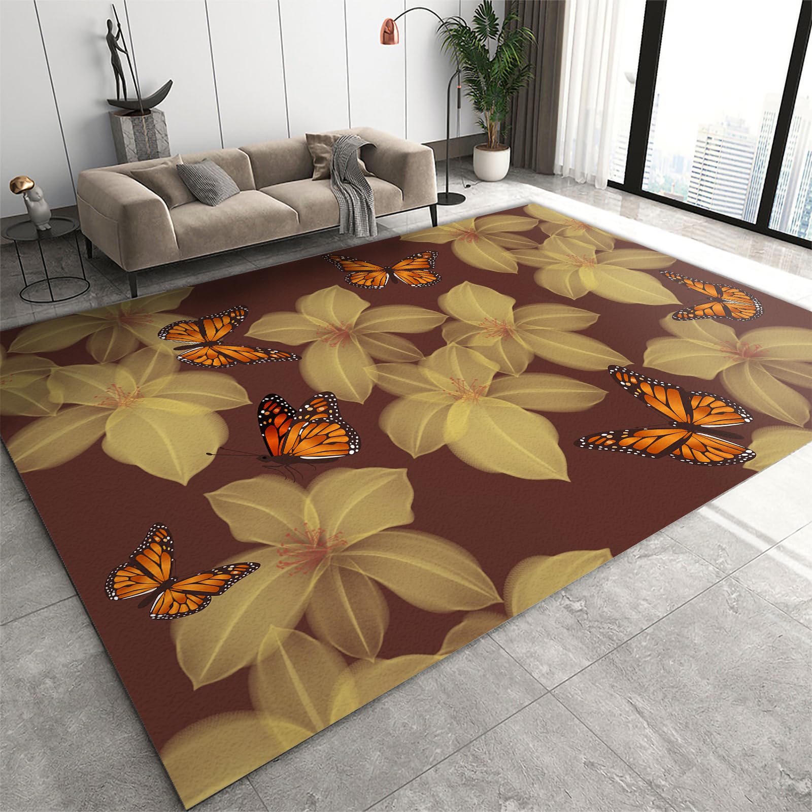 FIEMAR Area Rug 90x150cm Vintage Design Area Rugs for Living Room, Brown Machine Washable Floral Butterfly Print Bedroom Rug, Low Pile No Slip Office Kitchen Home Decor for Bathroom Hallway Kitchen