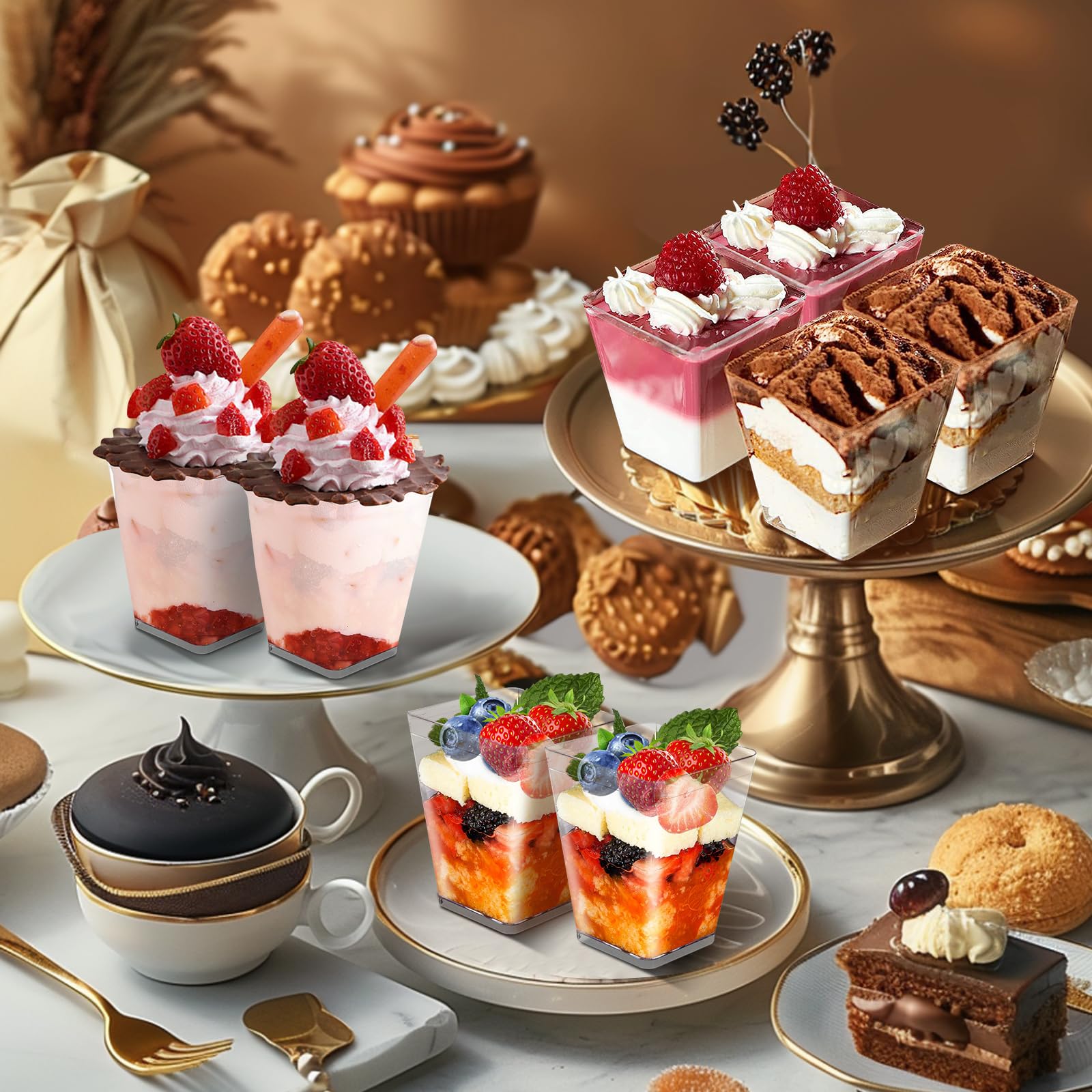 Wubushan Dessertbekers plastic met deksel, dessertkommen, vierkant, plastic, herbruikbaar, dessertglazen met lepels, parfait voorgerechtenbekers voor tiramisu desserts, pudding mousse, 50 stuks/360 ml Wubushan Dessertbekers plastic met deksel, dessertkommen, vierkant, plastic, herbruikbaar, dessertglazen met lepels, parfait voorgerechtenbekers voor tiramisu desserts, pudding mousse, 50 stuks/360 ml