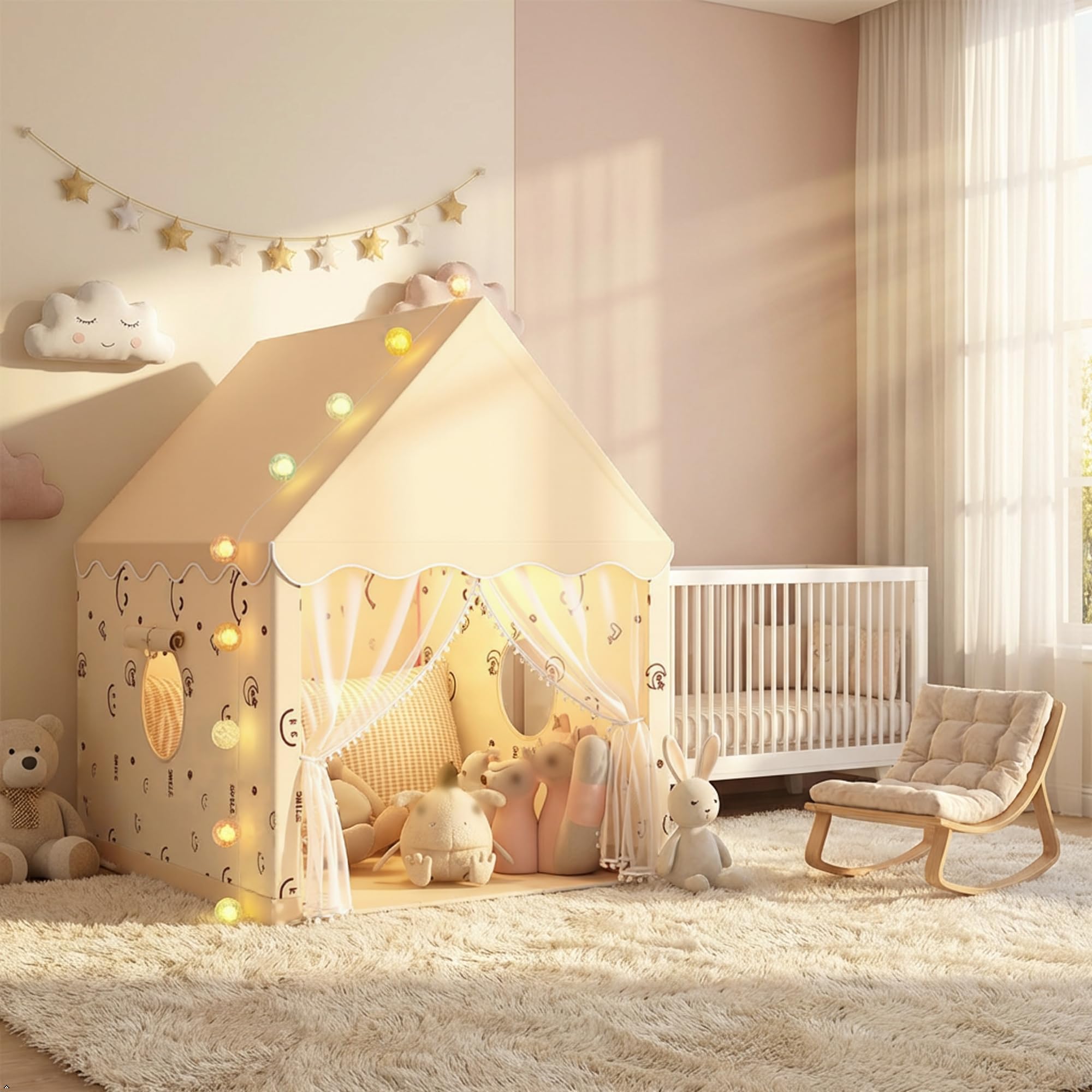 Tenda da gioco per bambini, Design della casa con tende, Casetta per bambini da interni per giocare, dormire e riposare, Beige