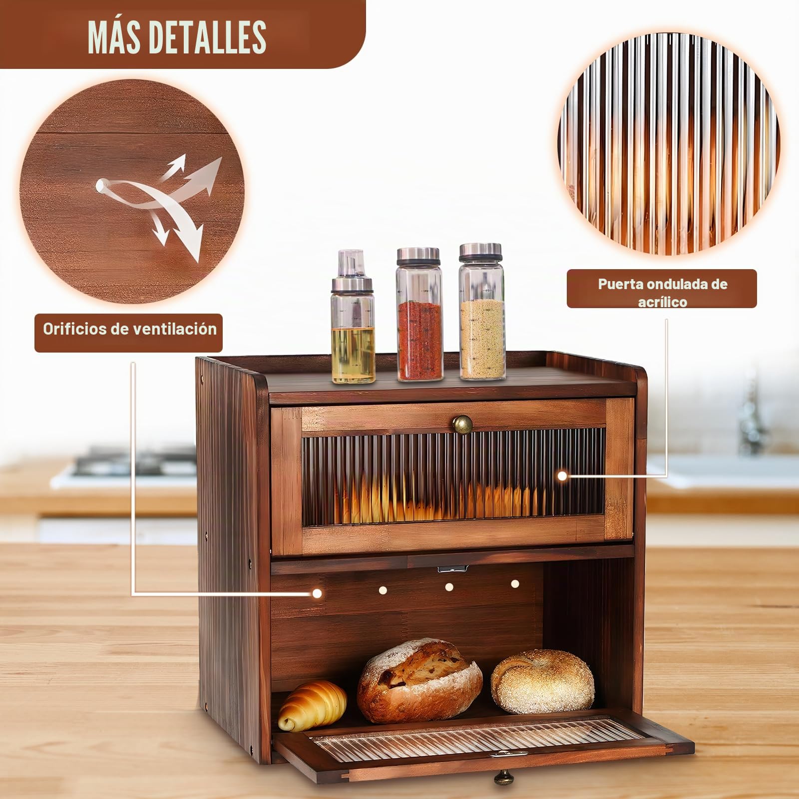 Paneras Para Guardar El Pan Caja Grande De Madera Maciza Doble Panera Madera Para Guardar ReposteríA Con Puerta AcríLica MagnéTica Bread Bin (Marrón)